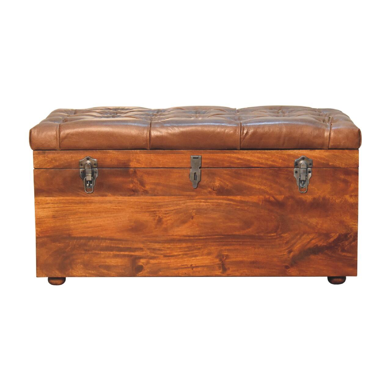 Front. Artisan Furniture - Artisan Furniture Solid Wood Buffalo Hide Chestnut Storage Trunk, Upholstered, Dark Brown - Dark Brown.