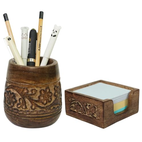 Front. Vulpecula Spade - Set of 2 Pen Holder and Sticky Note Holder for Office Desk Organizer, Wooden Desktop Accessories Decor, Handmade Floral.