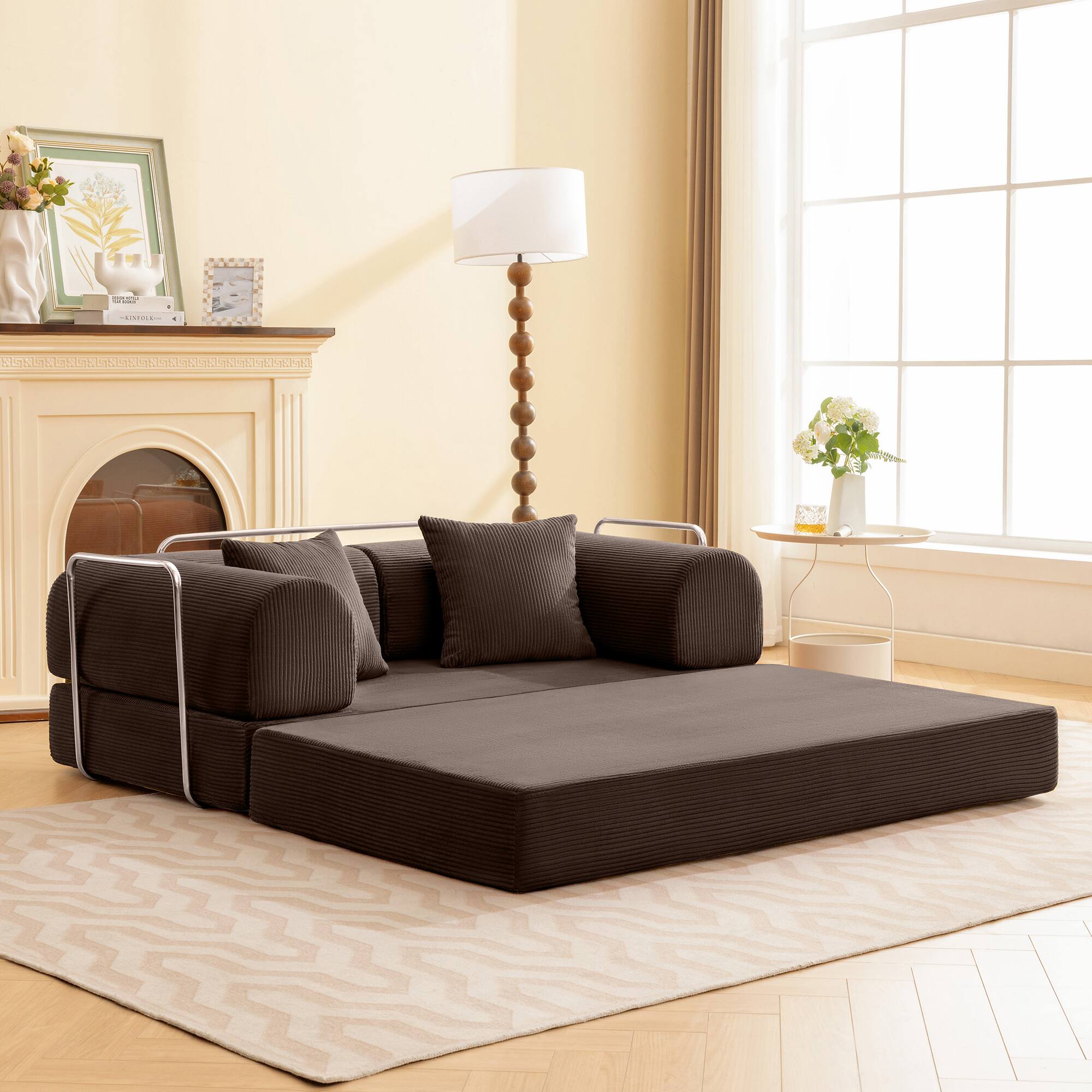 Front. Brick Attic - 4-in-1 Folding Convertible Floor Sofa Bed, 63 Inch Oversized Modern Fabric Boneless Couch for Living Room Bedroom Lounge - Coffee Brown.