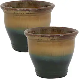 Sunnydaze - 11 in Studio Glazed Ceramic Planter - Set of 2 - Forest Lake Green