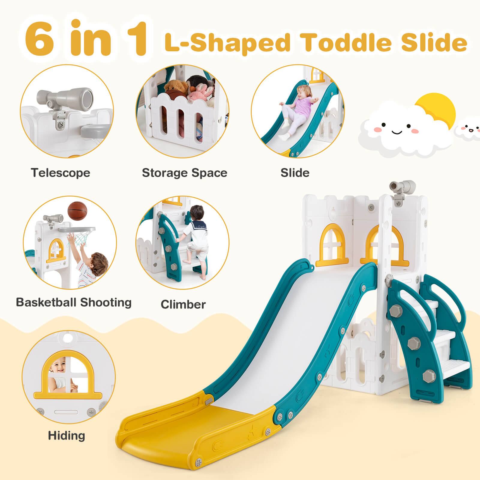 6 in 1 L-Shaped Toddle Slide

- Telescope
- Storage Space
- Slide
- Basketball Shooting
- Climber
- Hiding