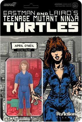 WARNING: CHOKING HAZARD. AGES 14+. EASTMAN AND LAIRD'S TEENAGE MUTANT NINJA TURTLES APRIL O'NEIL ACTION FIGURE. TM ReAction FIGURES.