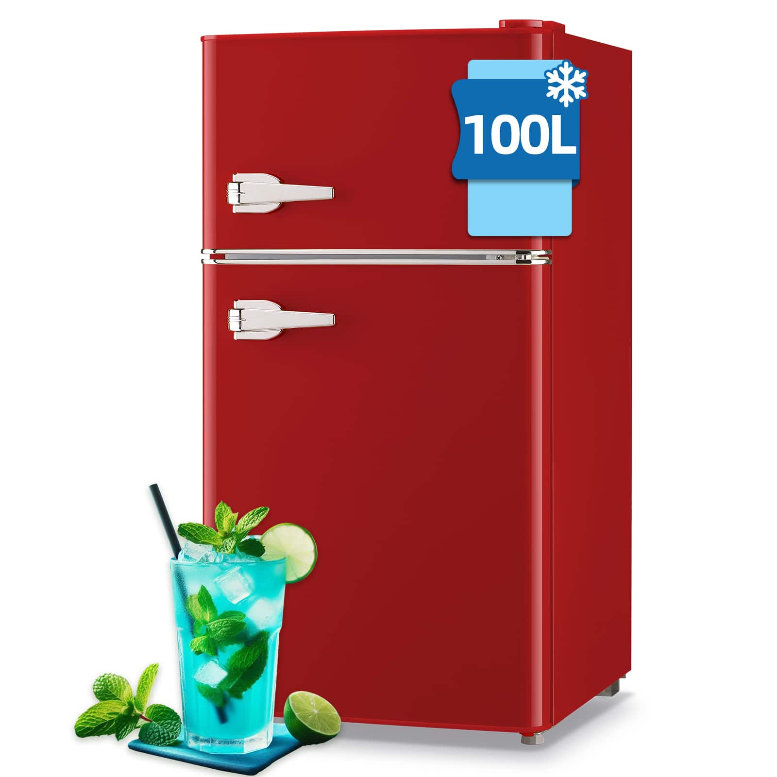WANAI - 3.5 Cu.Ft Retro Mini Fridge with Top Freezer, Dual Door Refrigerator with Handles - Red