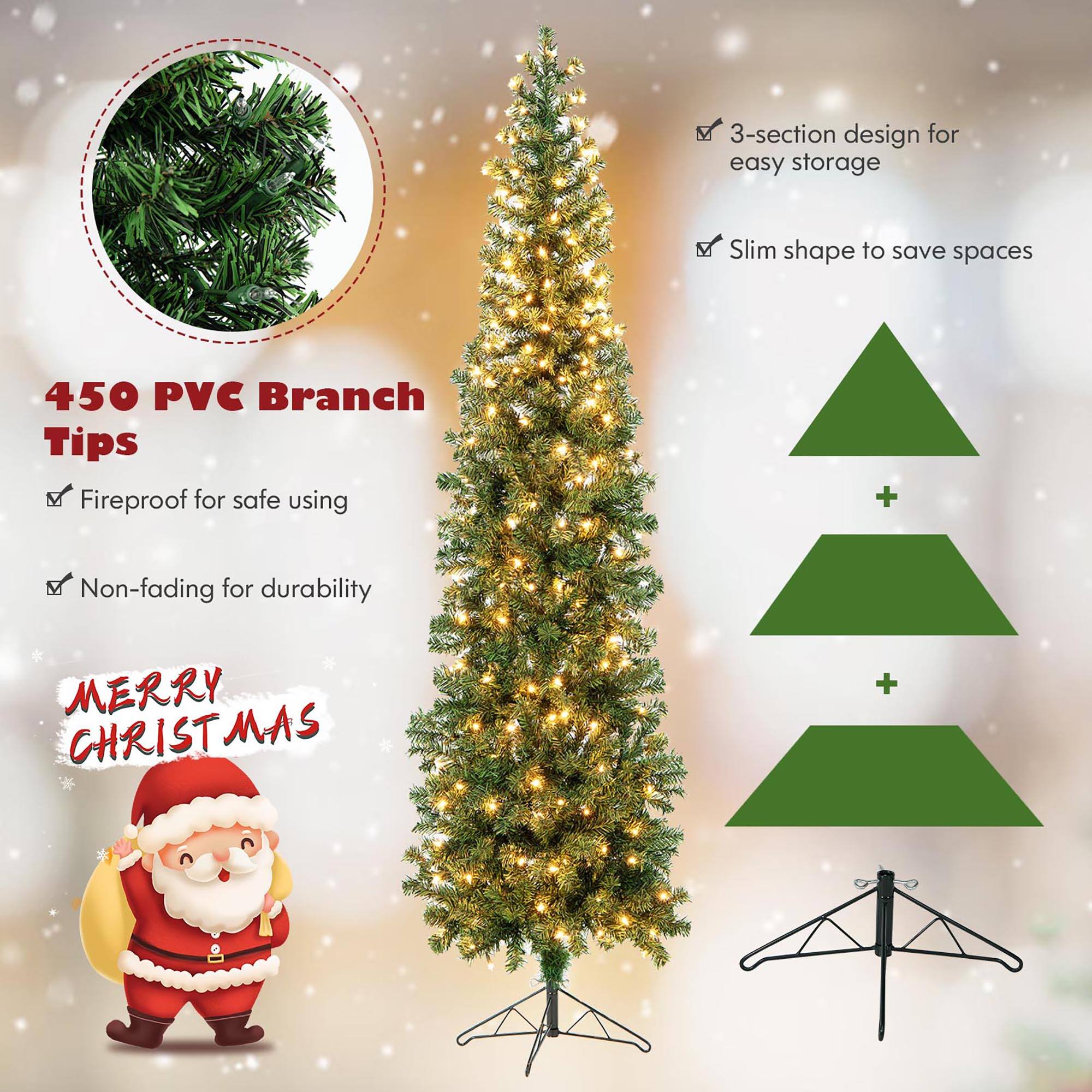 - 3-section design for easy storage
- Slim shape to save spaces

- 450 PVC Branch Tips
  - Fireproof for safe using
  - Non-fading for durability

- MERRY CHRISTMAS