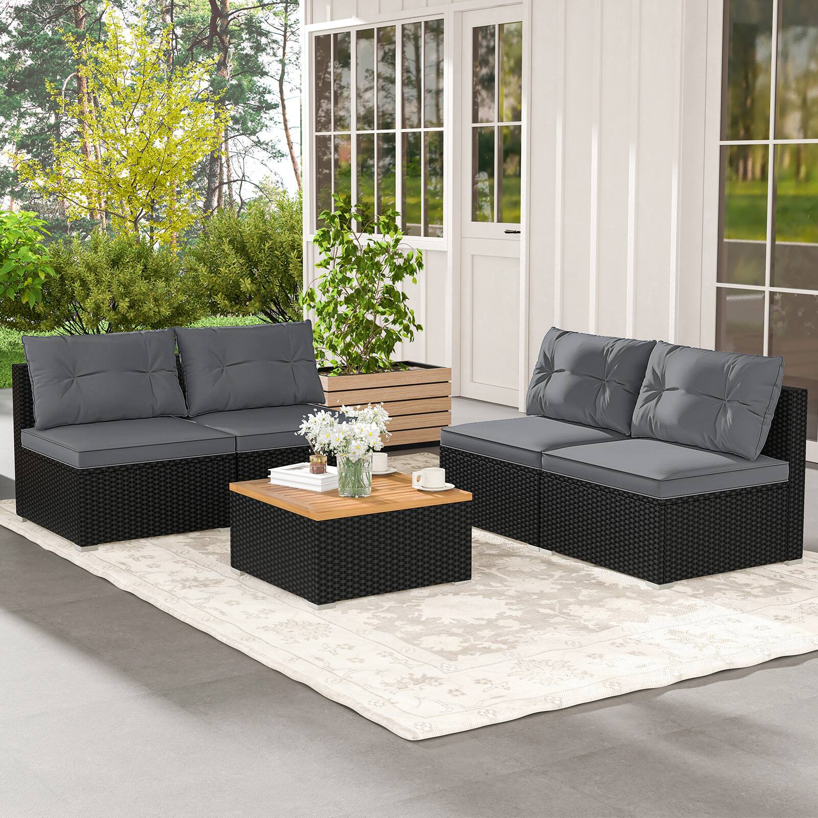 Alt View 4. Gymax - Gymax Set Of 5 Outdoor Furniture Set w/ Seat & Back Cushions Acacia Wood Tabletop - Gray, Black.
