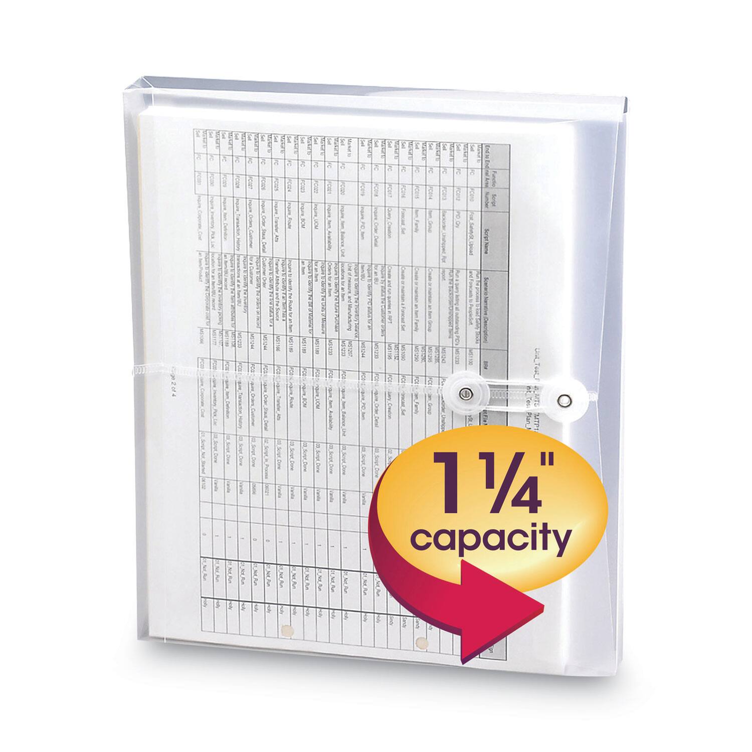 Sure, here is the corrected and grouped text from the image:

---

**1 1/4" capacity**

**Label Size Chart**

| Size | Label Size (inches) | Label Size (mm) |
|------|-------------------|----------------|
| 1    | 1.5 x 3.5         | 38 x 89        |
| 2    | 2 x 4            | 51 x 102       |
| 3    | 2.5 x 4          | 64 x 102       |
| 4    | 3 x 4            | 76 x 102       |
| 5    | 3.5 x 4          | 89 x 102       |
| 6    | 4 x 4            | 102 x 102      |
| 7    | 4.5 x 4          | 114 x 102      |
| 8    | 5 x 4            | 127 x 102      |
| 9    | 5.5 x 4          | 1