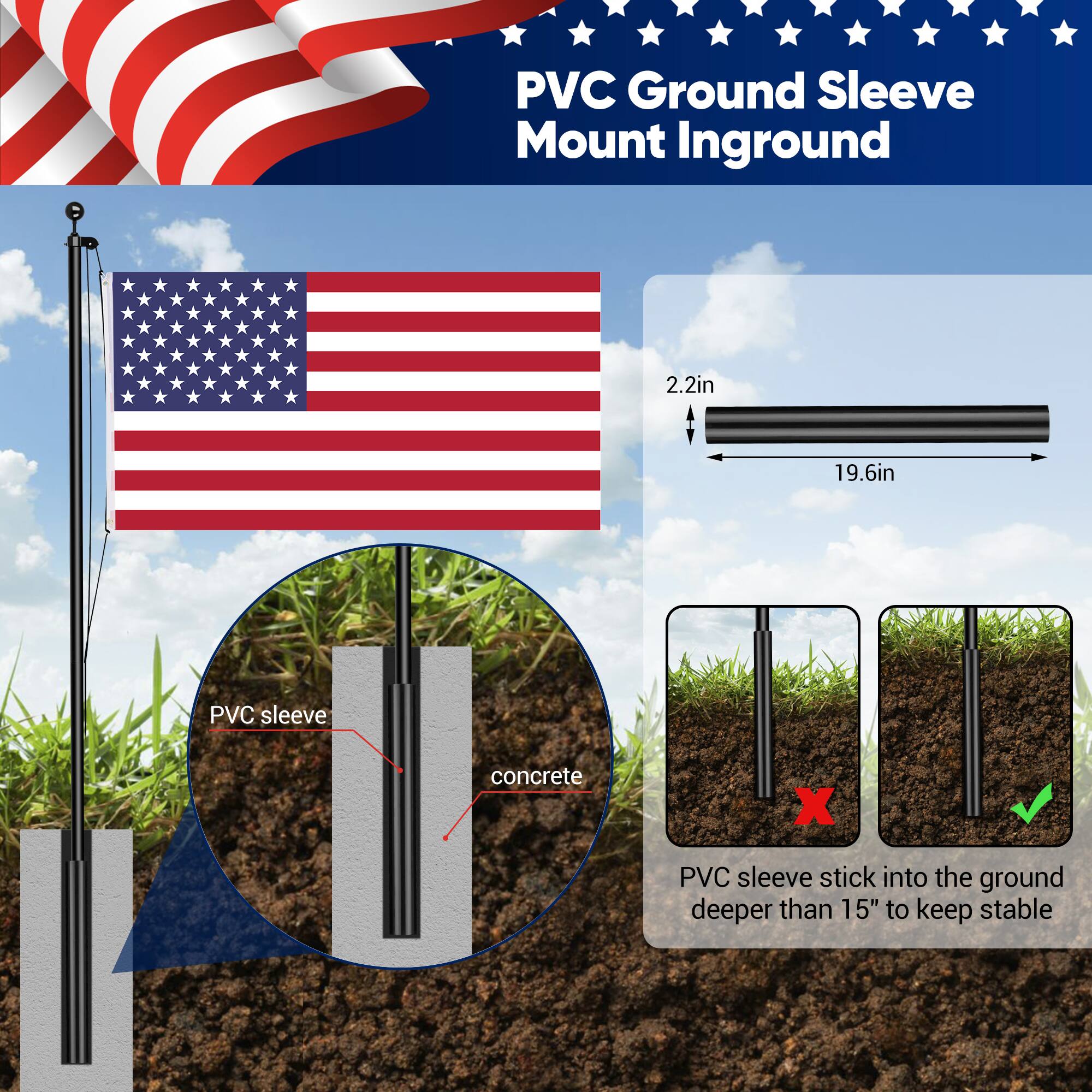 PVC Ground Sleeve Mount Inground

2.2in x 19.6in

PVC sleeve
concrete

PVC sleeve stick into the ground deeper than 15" to keep stable