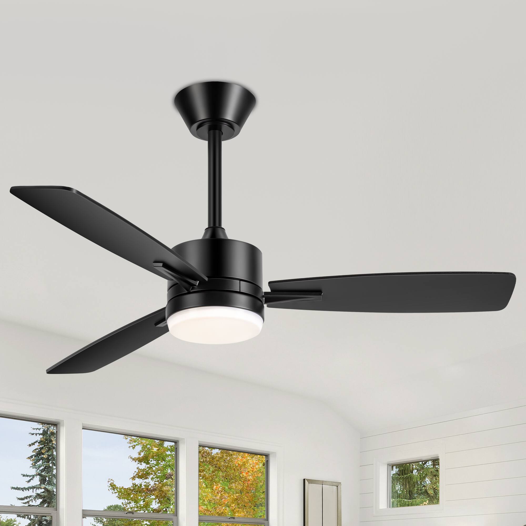 Angle. Breezary - 42 Inch Modern Ceiling Fan with LED Light, Reversible 3-Blade Dual Finish, 3-Color Temperature, Remote, 2 Downrods - matte black and walnut.