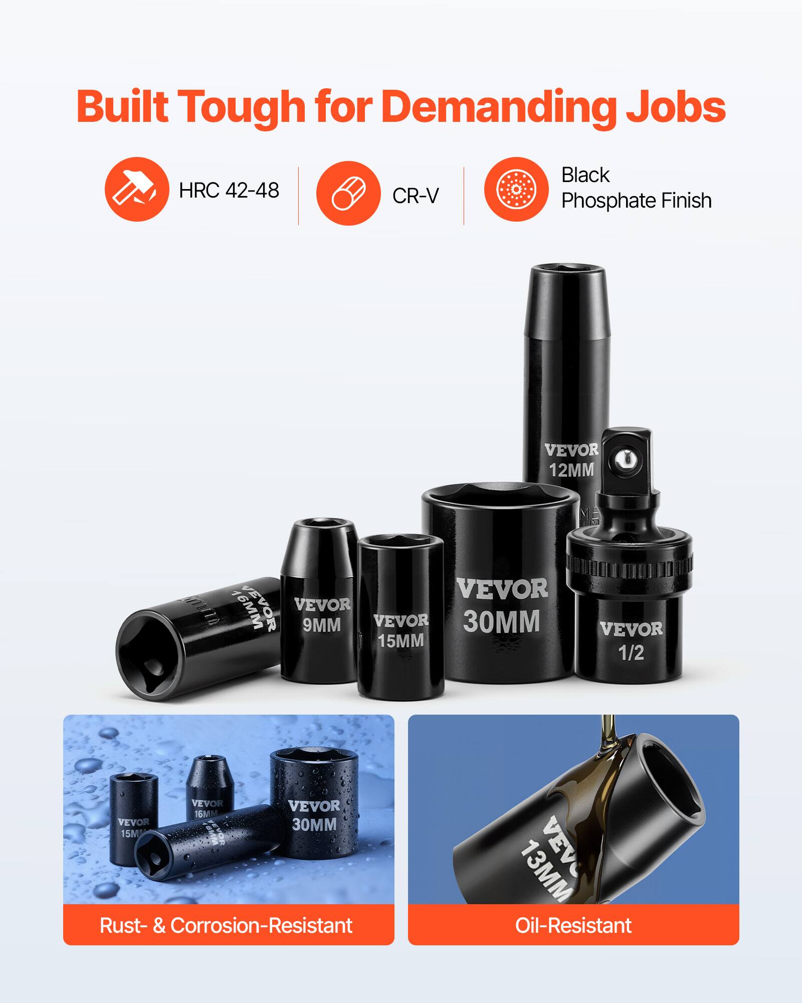 Built Tough for Demanding Jobs  
HRC 42-48  
CR-V  
Black Phosphate Finish  

VEVOR 12MM  
VEVOR 9MM  
VEVOR 30MM  
VEVOR 15MM  
VEVOR 1/2  
VEVOR 16MM  
VEVOR 30MM  
VEVOR 15MM  
VEVOR 13MM  

Rust- & Corrosion-Resistant  
Oil-Resistant