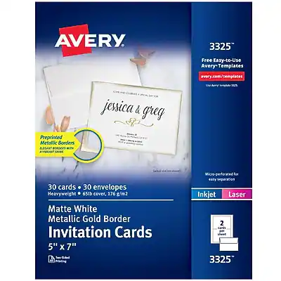 Avery 3325
Free Easy-to-Use Avery Templates
avery.com/templates
Preprinted Metallic Borders
Elegant Borders
30 cards + 30 envelopes
Heavyweight - 65lb cover, 176 g/m²
Matte White Metallic Gold Border
Invitation Cards
5" x 7"
Micro-perforated for easy separation
Inkjet Laser
2 cards per sheet
3325