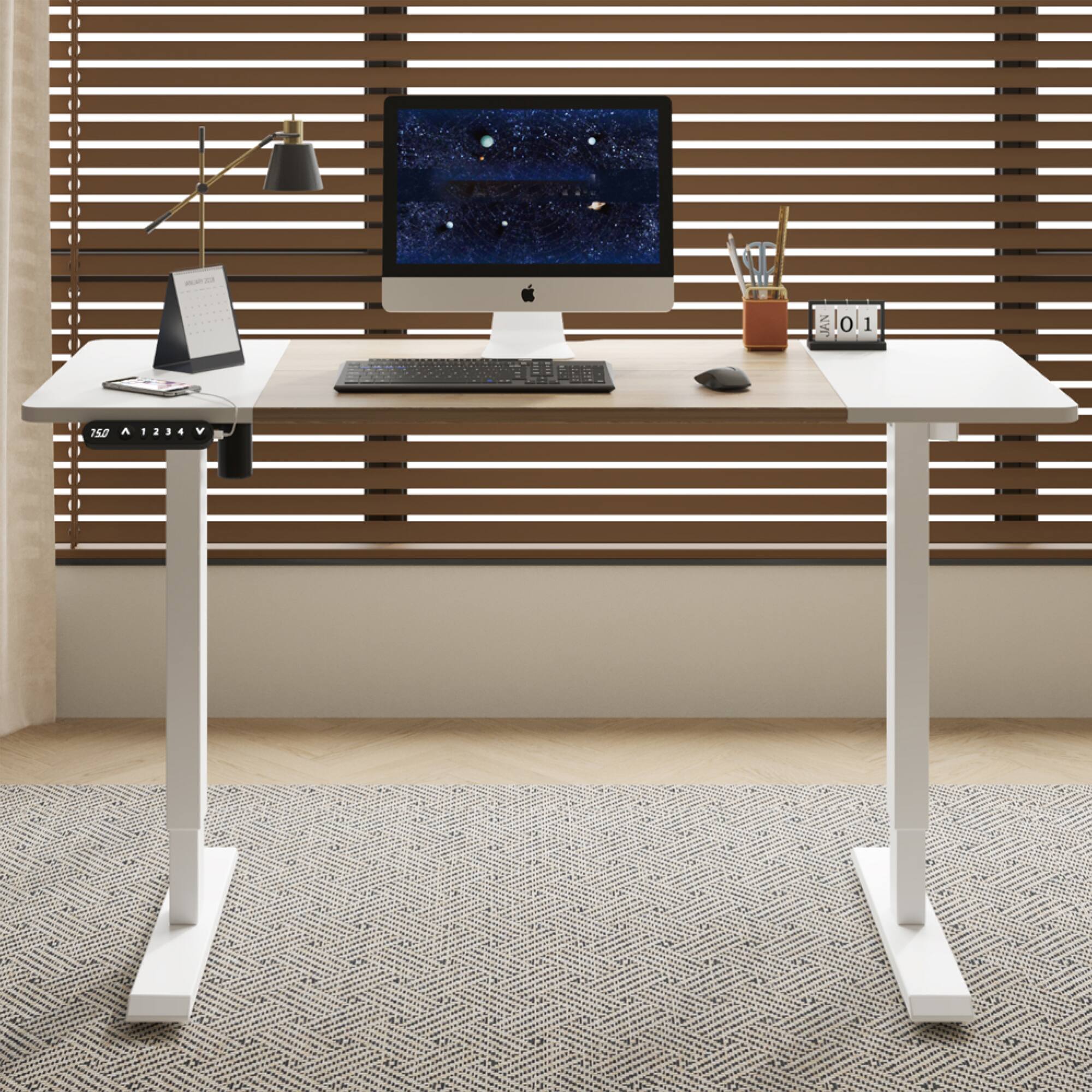 Alt View 4. GOODSILO - Electric Height Adjustable Standing Desk with Programmable Memory and Quiet Motor for Home Office and Gaming Setup - Oak Natural Wood + Antique White.