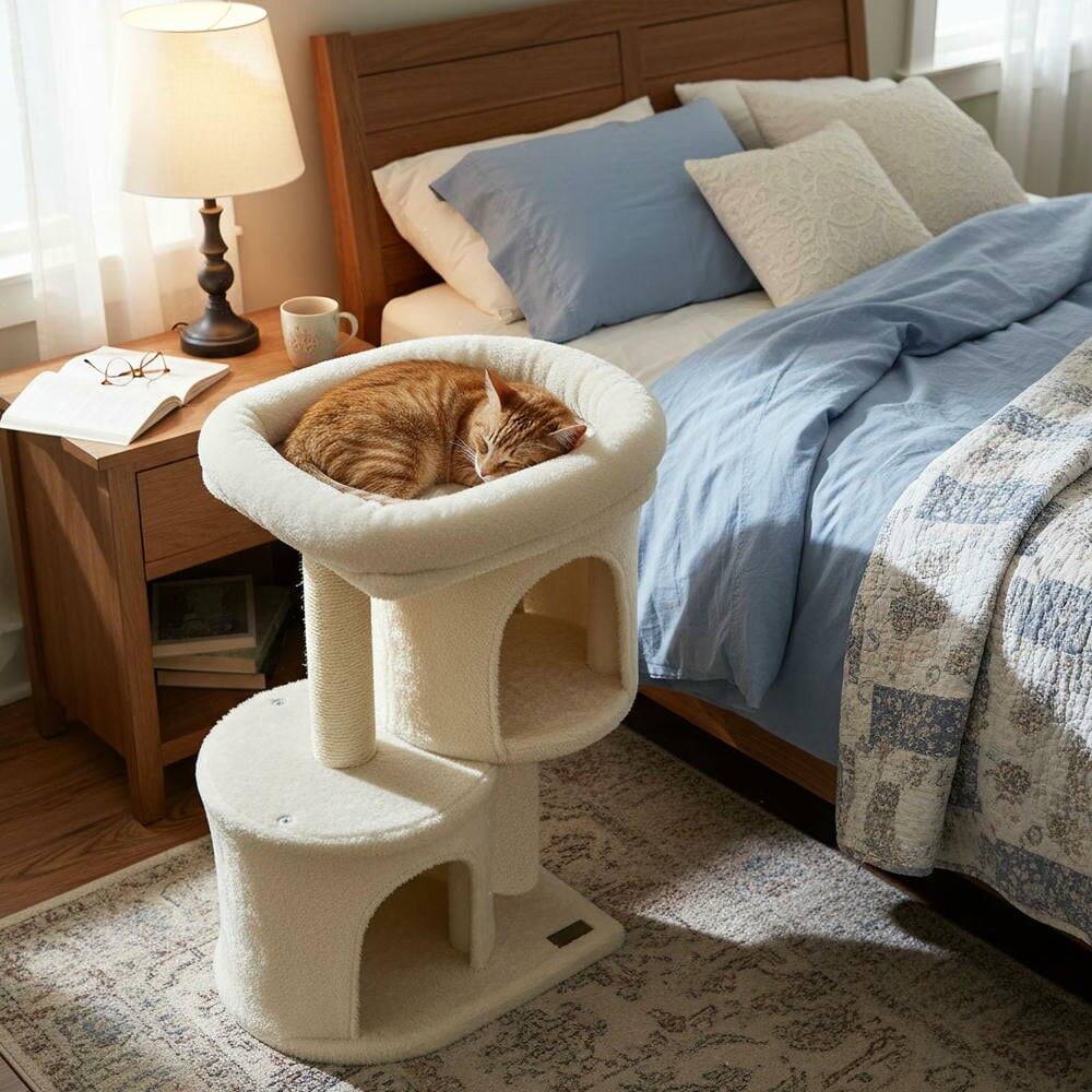 Angle. Kadyn - 26-Inch Compact Cat Tower with Large Padded Perch and Two Condos, Beige - Beige.