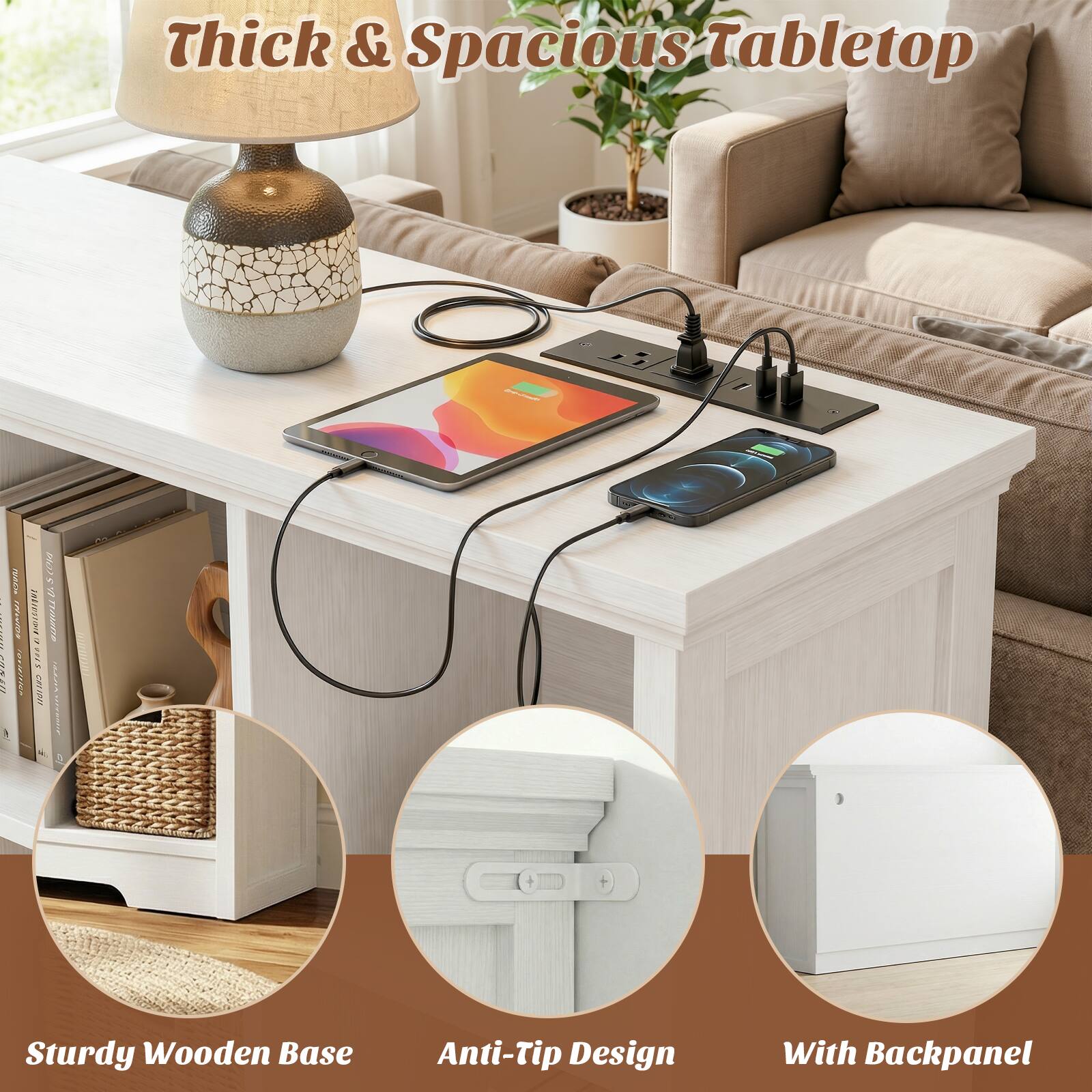 Thick & Spacious Tabletop

Sturdy Wooden Base

Anti-Tip Design

With Backpanel