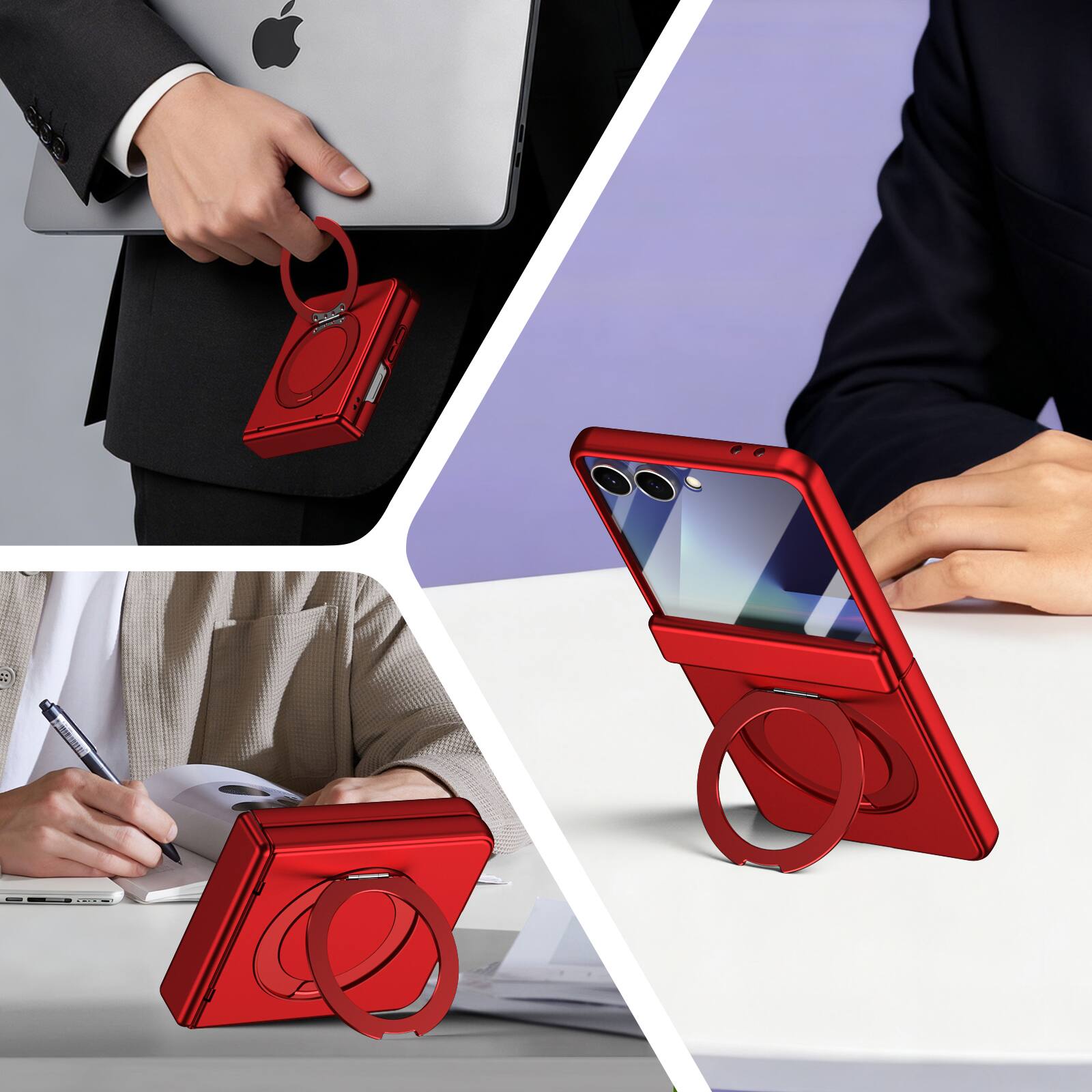 Angle. Dteck - For Samsung Galaxy Z Flip 7 Rugged Case With Screen Protector, Shockproof Magnetic Ring Stand Hinge Protection Cover - Red.