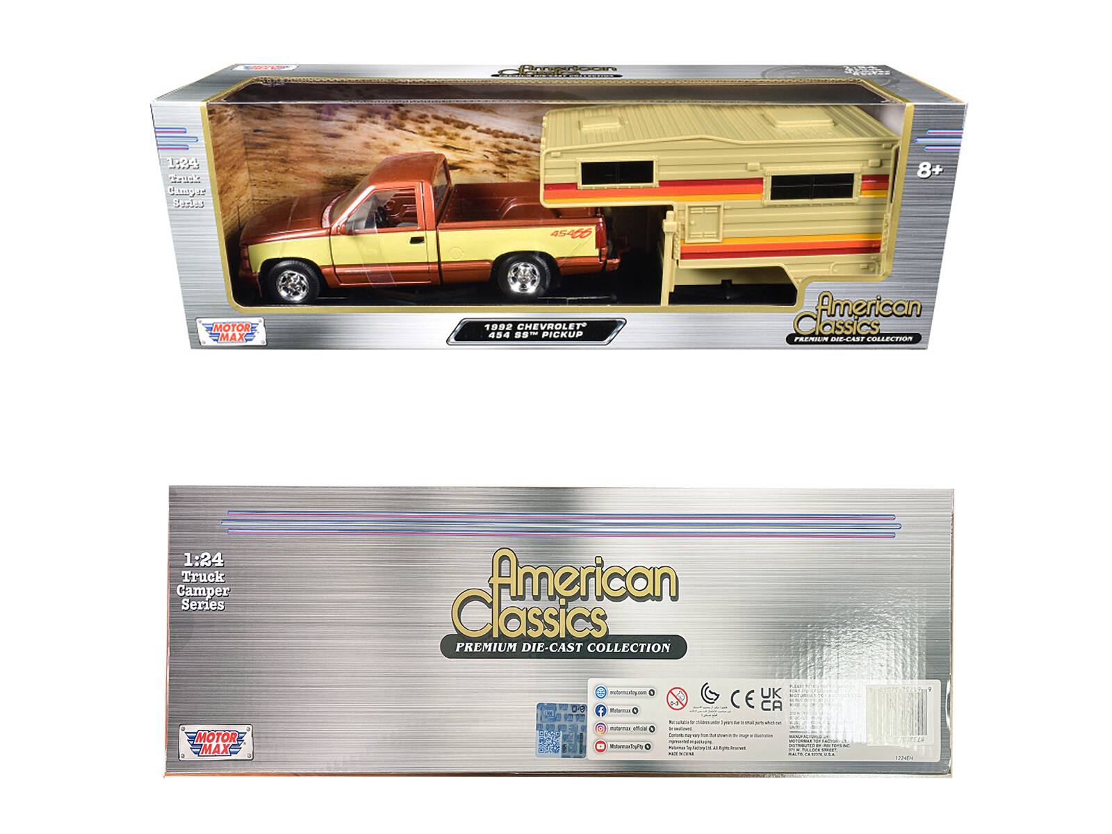 Sure, here is the corrected and grouped text from the image:

---

**Front of the Box:**

- **1:24 Truck Camper Series**
- **American Classics**
- **PREMIUM DIE-CAST COLLECTION**
- **1982 CHEVROLET 454 SS PICKUP**
- **MOTOR MAX**
- **8+**

**Back of the Box:**

- **1:24 Truck Camper Series**
- **American Classics**
- **PREMIUM DIE-CAST COLLECTION**
- **MOTOR MAX**
- **8+**
- **www.motormax.com**
- **Motormax Facebook**
- **Motormax Twitter**
- **Motormax YouTube**
- **Not suitable for children under 3 years.**
- **Choking hazard. Small parts.**
- **CE UK CA**
- **Barcode and other details**

---

This text is organized to reflect the information found on the packaging of the toy.