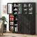 I have a black cabinet with a mirror on the door. Inside the cabinet, there are shelves with various items such as milk, juice, and books. The cabinet also has a glass door, which allows for a clear view of the items inside.