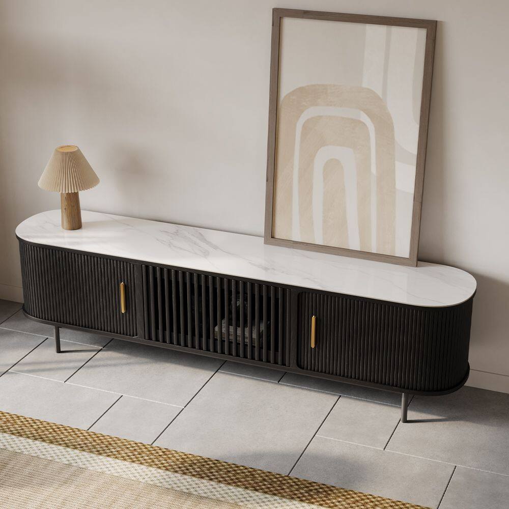 Angle. POVISON - 79"Mid-Century Modern Glossy Sintered Stone Tabletop TV Stand ,Black - Black with Sintered Stone.