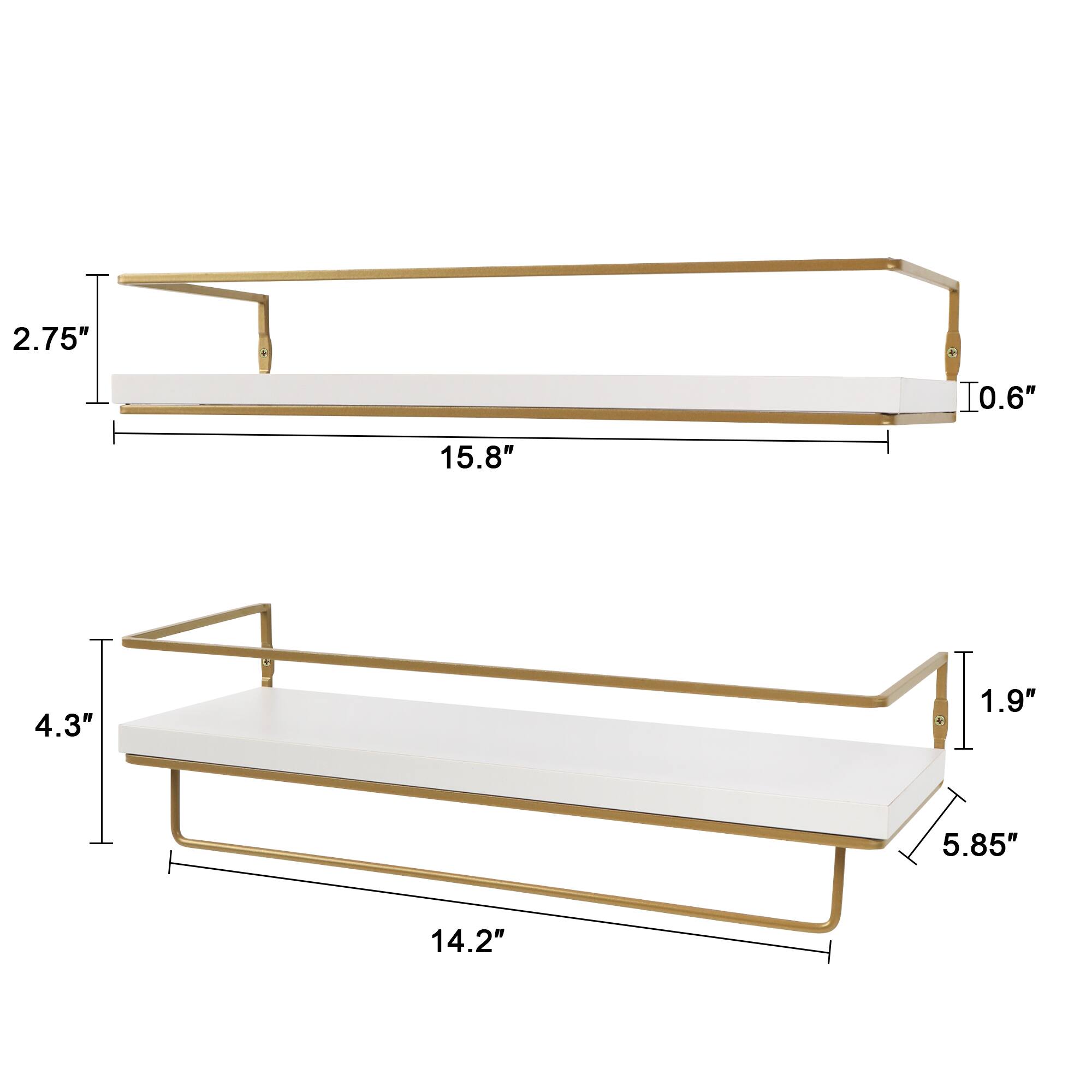 Dazzed Corner - Floating Shelves - Set of 2, Wall Mounted Hanging Shelves with Golden Towel Rack - White
