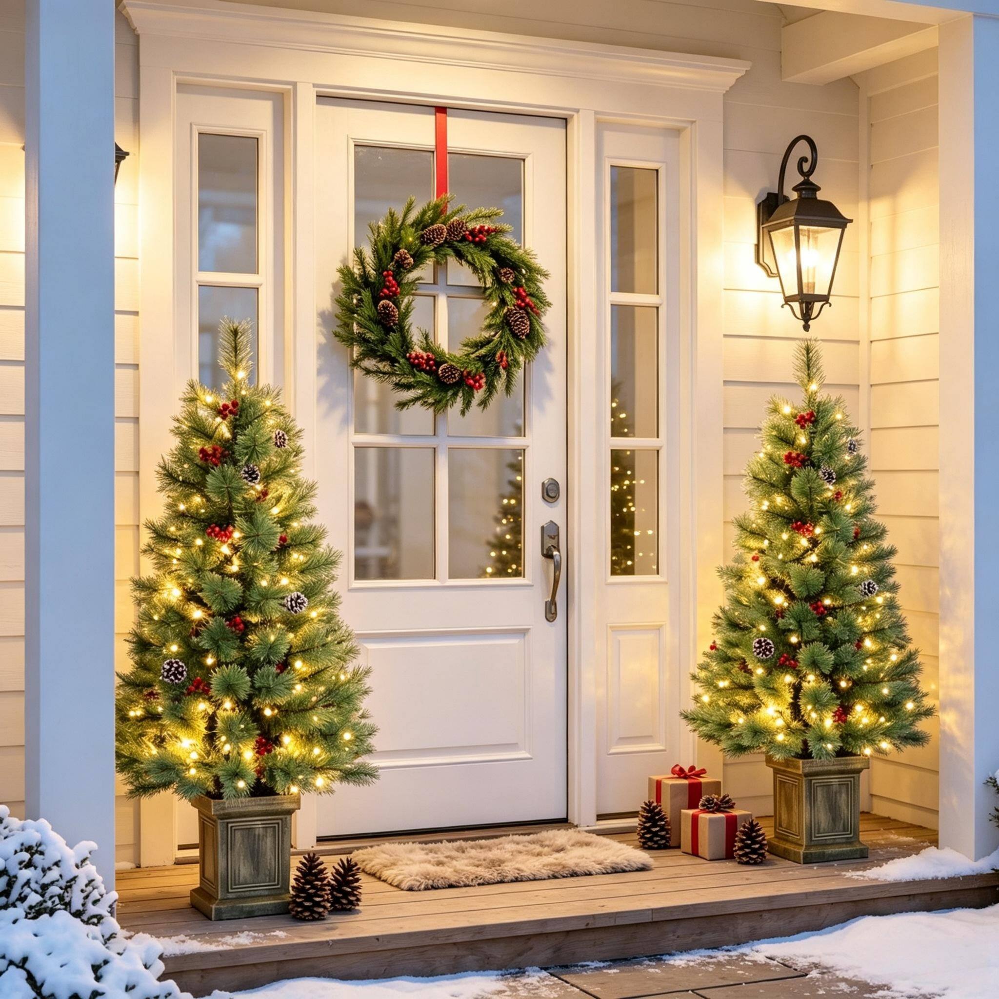 Left. Forest'nSky - 4 ft . Pre-Lit Green Artificial Pine Christmas Trees with Dual-Color LED Lights and Remote Set of 2 - Green.