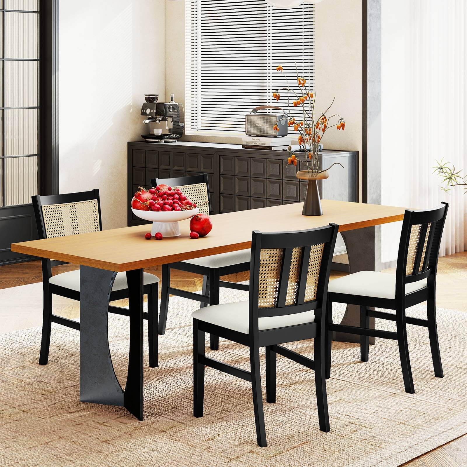 Alt View 3. Costway - Costway Farmhouse Rattan Dining Chair Set of 2 Fabric Upholstered Kitchen Chairs - Black,White.