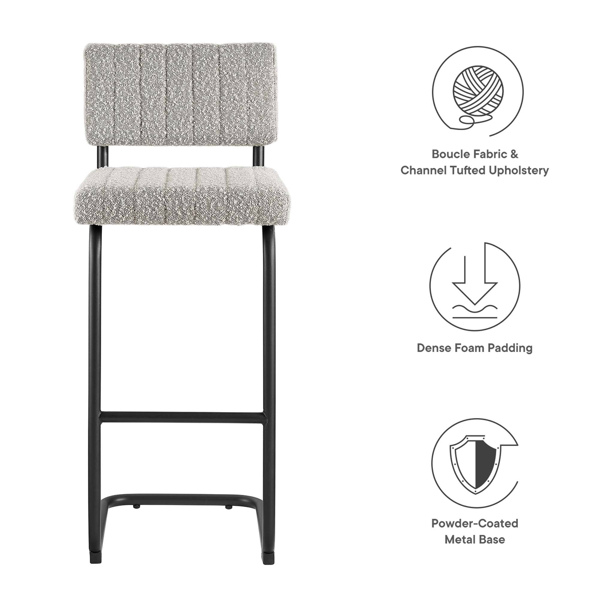 - Boucle Fabric & Channel Tufted Upholstery
- Dense Foam Padding
- Powder-Coated Metal Base
