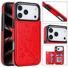 Dteck - For Apple iPhone 17 Pro Max Wallet Case Flower Embossed Pattern PU Leather Card Slots Flip Kickstand Shockproof Cover - Red