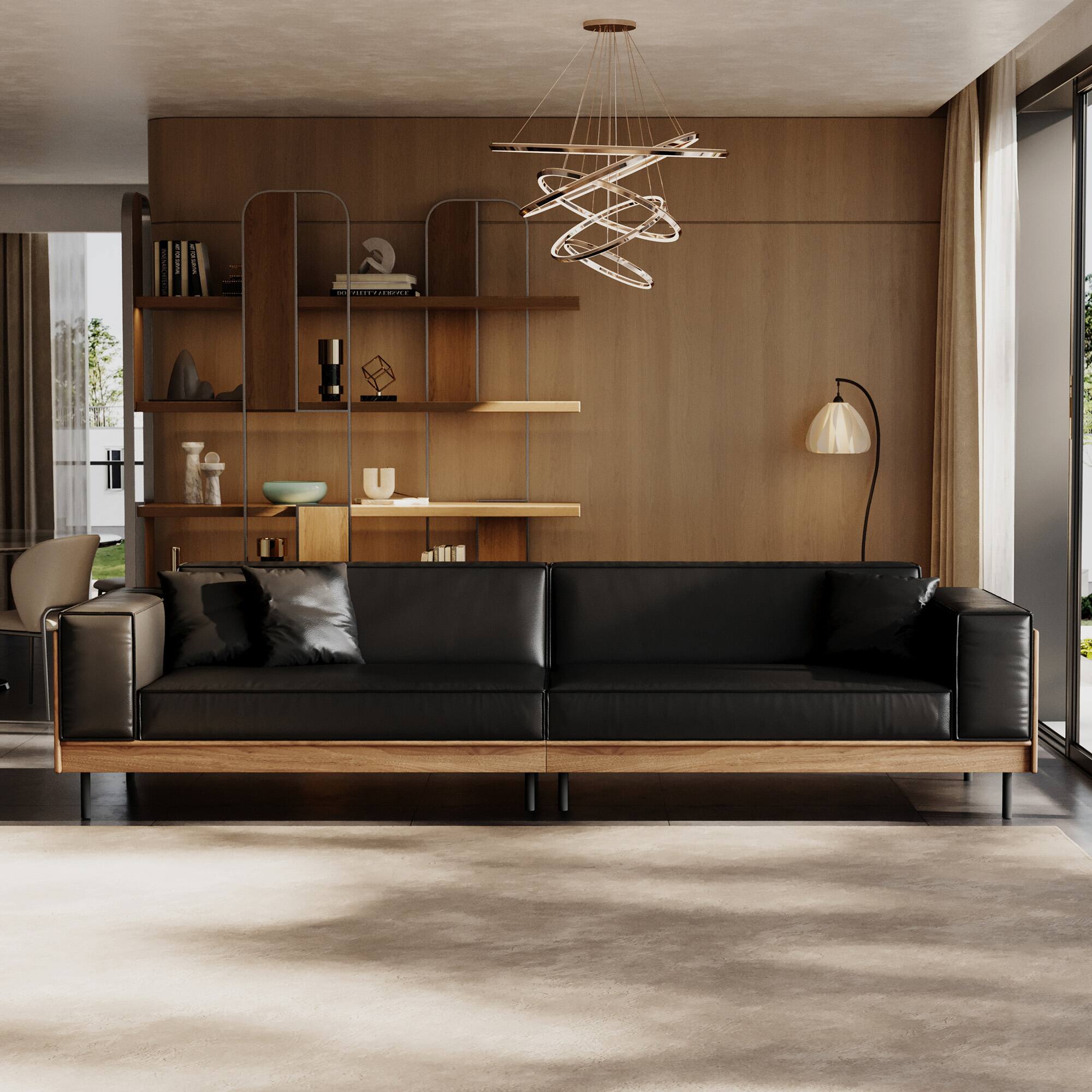 Angle. luck idea - Modern Leather Sofa 98.42" Wide, Upholstered Couch with Solid Wood Frame, Metal Legs and 3 Throw Pillows - Black.