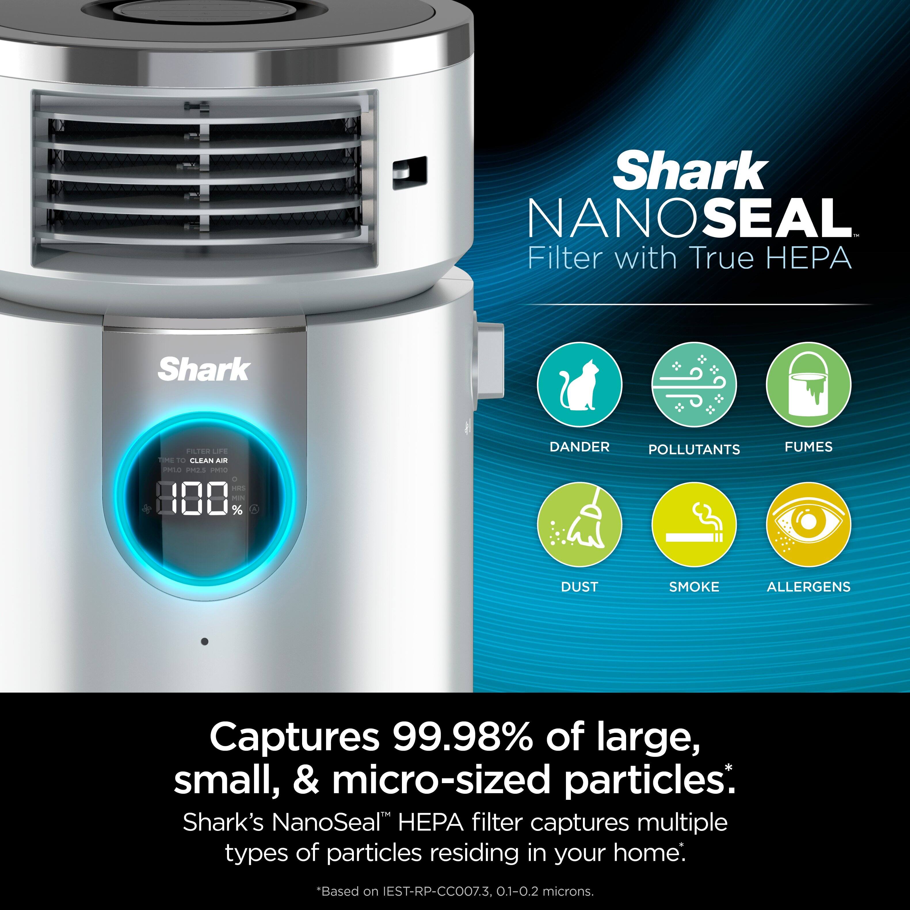 Shark NanoSeal Filter with True HEPA: Captures 99.98% of large, small, & micro-sized particles. Shark's NanoSeal A filter captures multiple types of particles residing in your home. Based on EST-RP-CCO07.3. 0.1-0.2 microns.