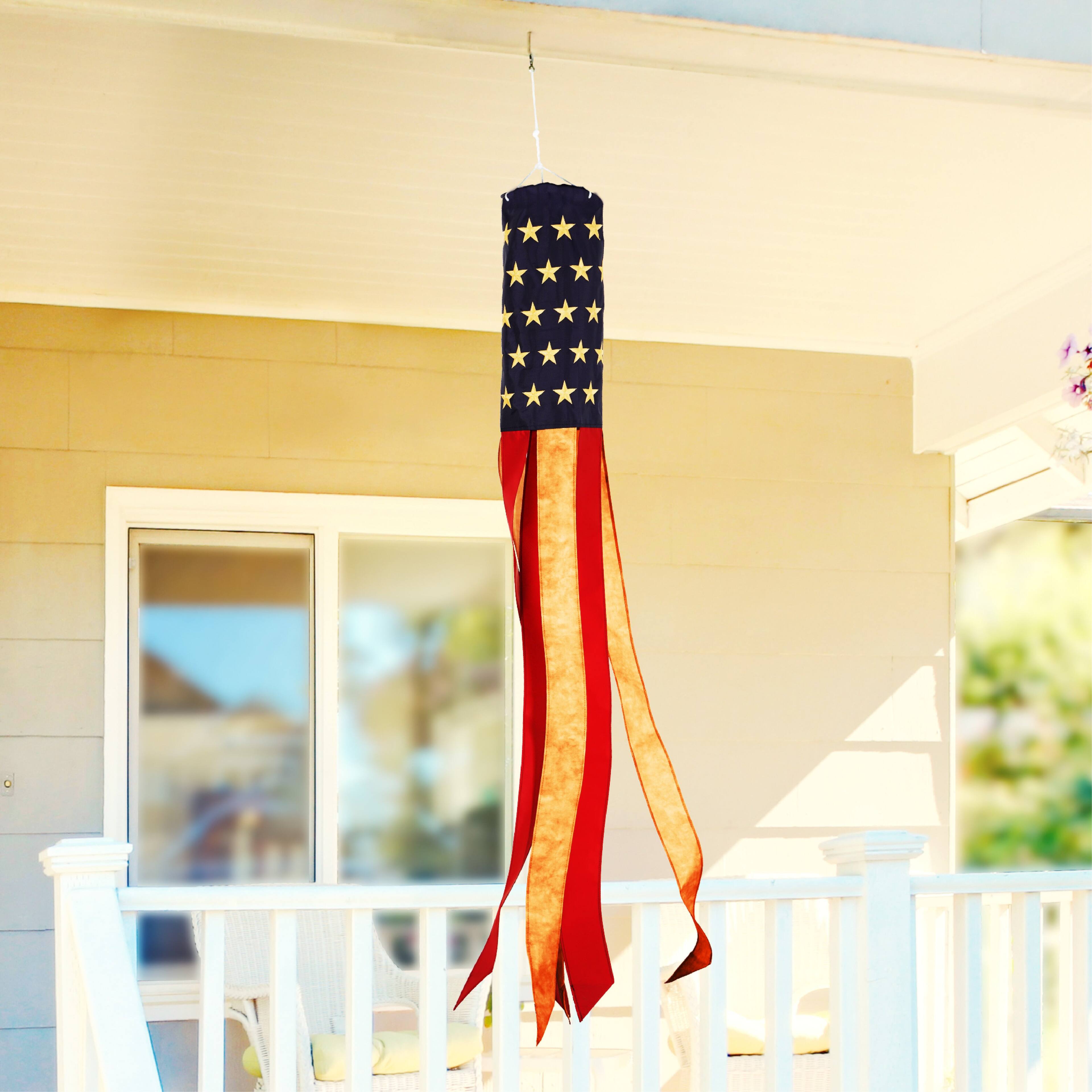 Front. G128 - Embroidered USA Flag Windsock 60 Inch with 6 Streamers - Assorted Colors.