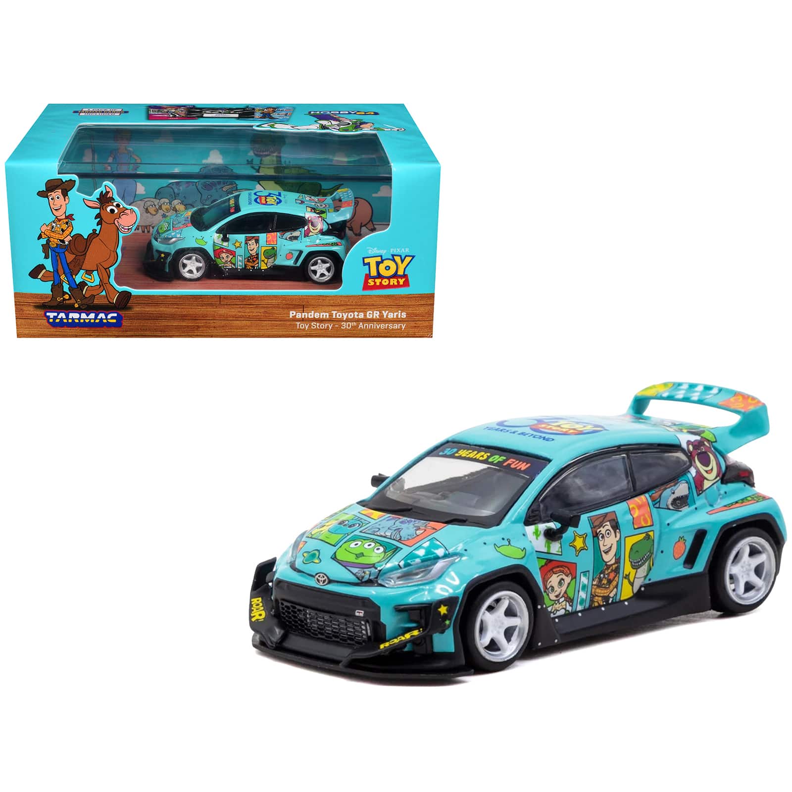 Toyota Pandem GR Yaris RHD "Toy Story 30th Anniversary" Blue w/ Graphics & Tarmac Cards 1/64 Diecast Car by Tarmac Works