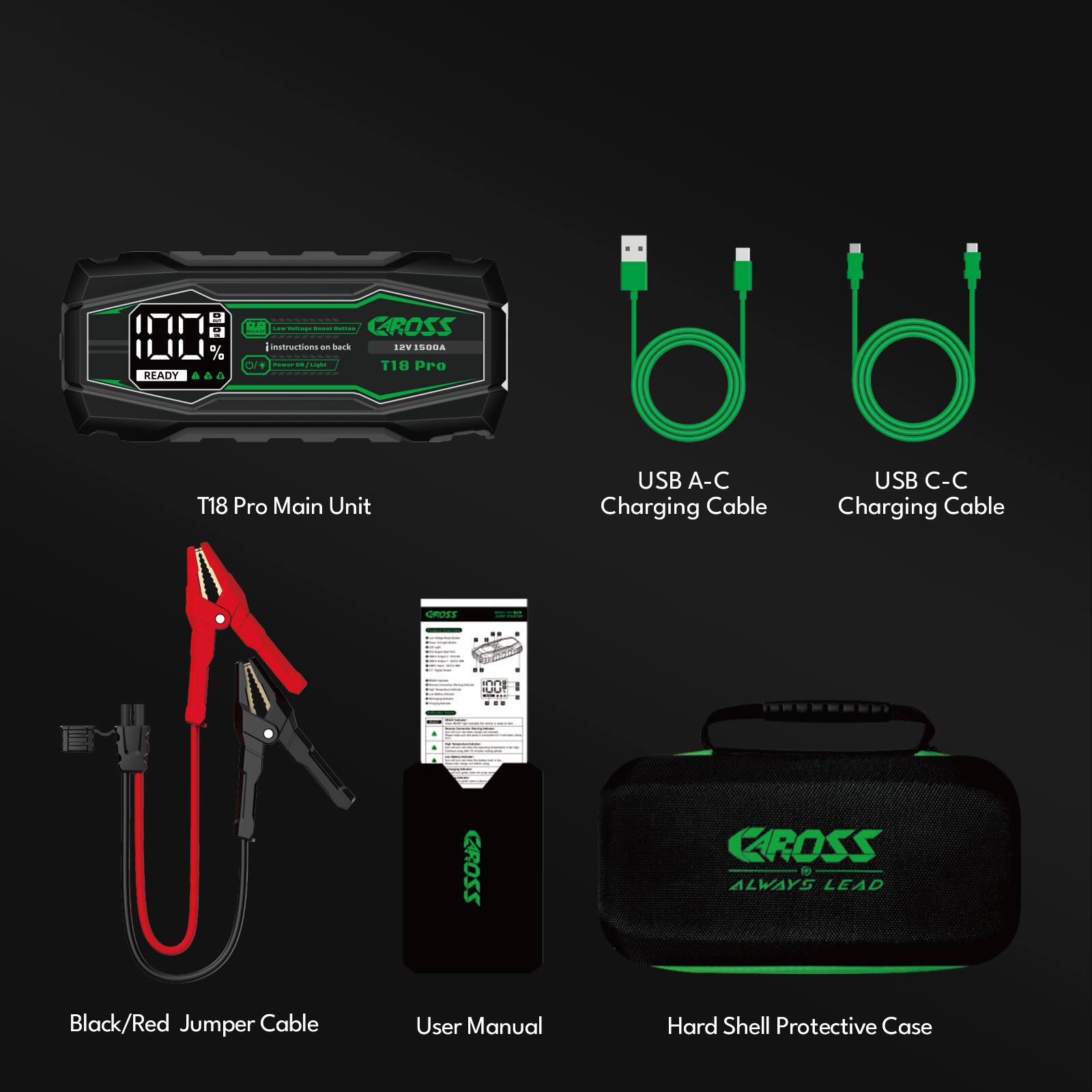 - T18 Pro Main Unit
- USB A-C Charging Cable
- USB C-C Charging Cable
- Black/Red Jumper Cable
- User Manual
- Hard Shell Protective Case