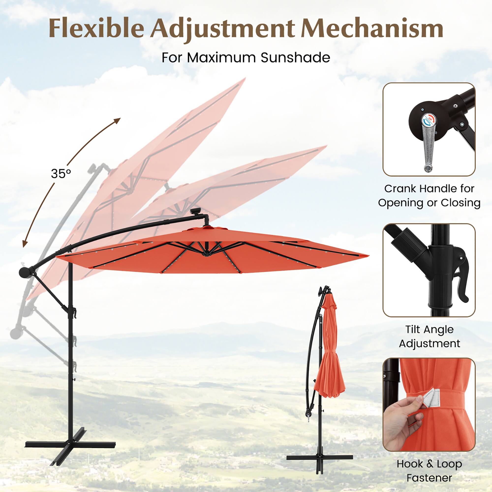 Flexible Adjustment Mechanism For Maximum Sunshade

35°
Crank Handle for Opening or Closing
Tilt Angle Adjustment
Hook & Loop Fastener