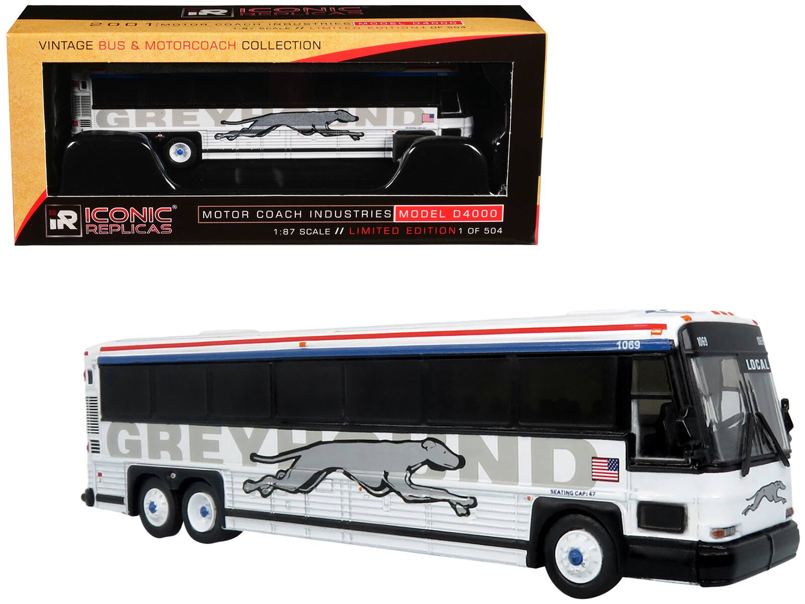- ICONIC 2001 MOTORCOACH INDUSTRIES MODEL D4000
- VINTAGE BUS & MOTORCOACH COLLECTION
- GREYHOUND MOTORCOACH INDUSTRIES MODEL D4000
- 1:87 SCALE // LIMITED EDITION 1 OF 504
- LOCAL
- SEATING CAP: 47
- 1069