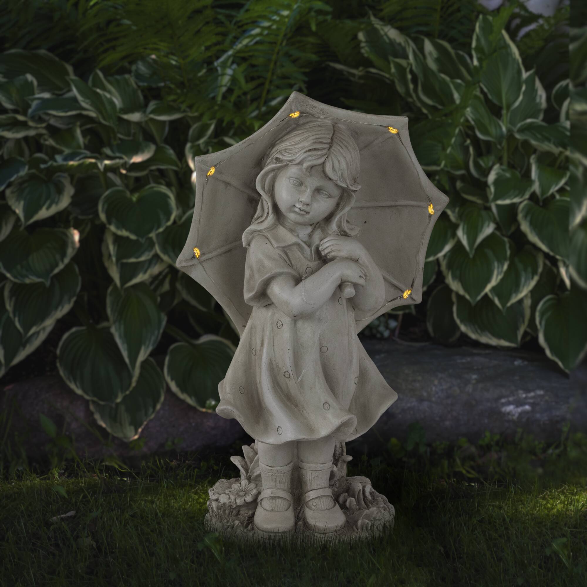 Alt View 1. Northlight - 18" Solar LED Lighted Girl with Umbrella Outdoor Garden Statue - Gray.