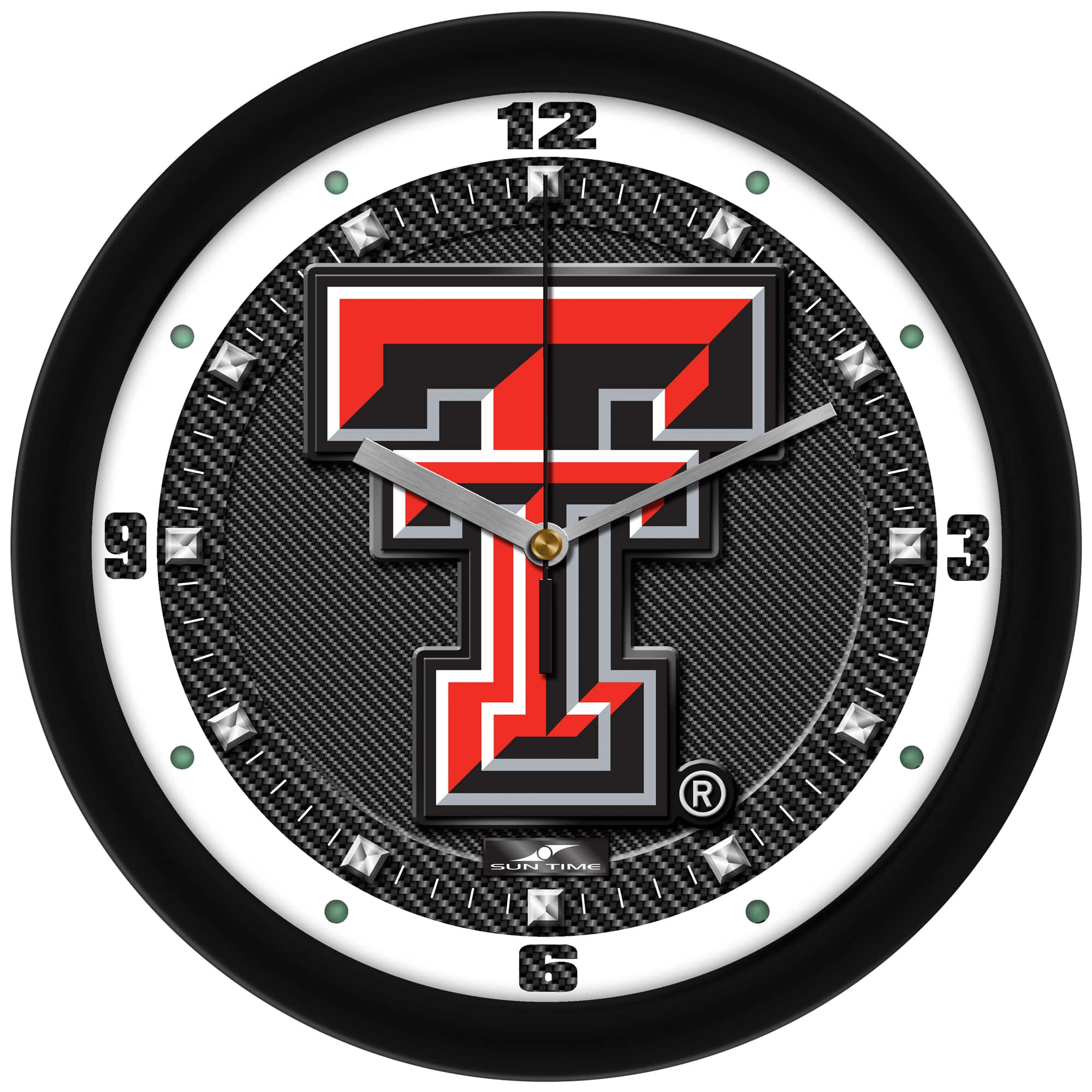 MpDirect - Texas Tech Red Raiders 11.5'' Suntime Premium Glass Face Carbon Fiber Wall Clock - Multicolor