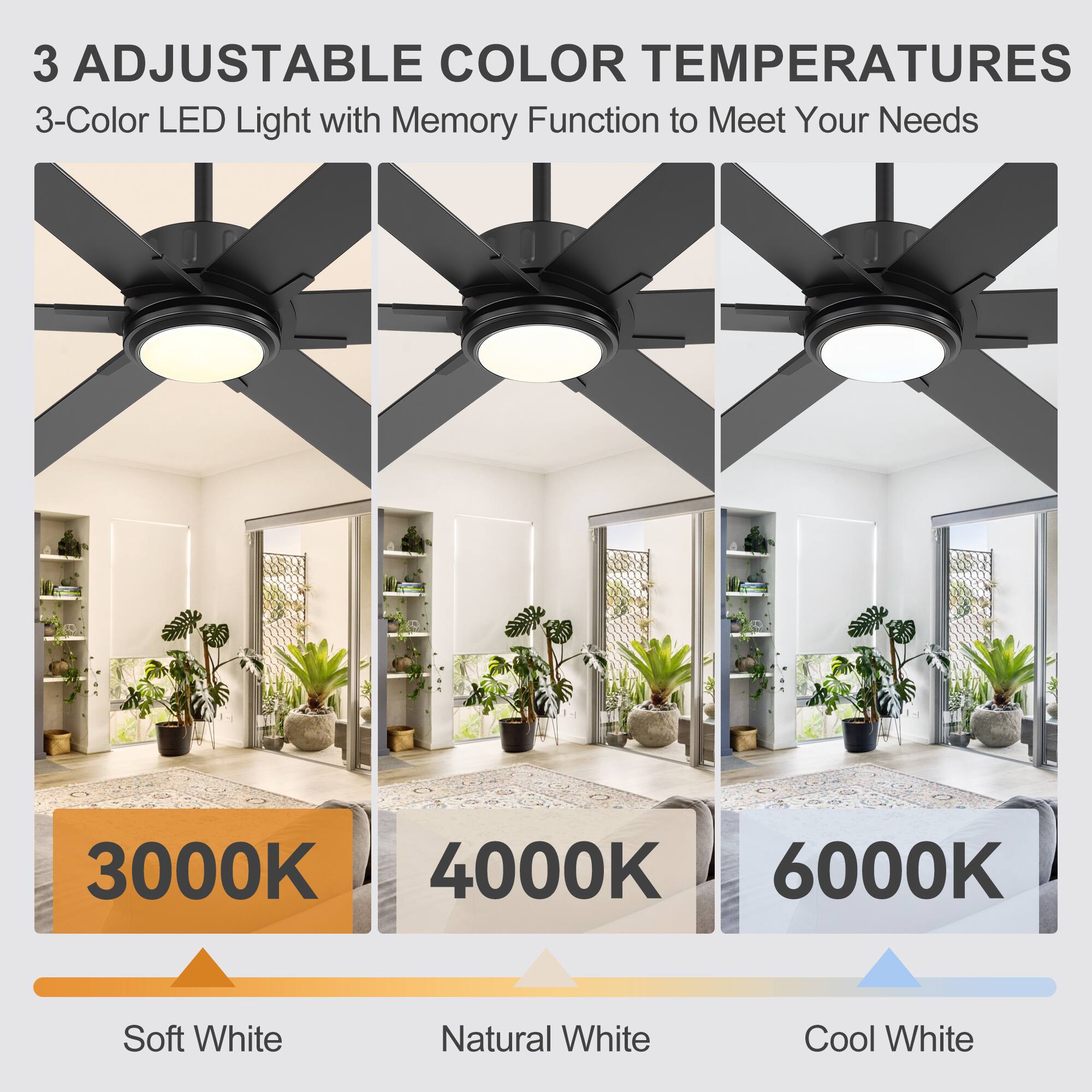 3 Adjustable Color Temperatures  
3-Color LED Light with Memory Function to Meet Your Needs  
3000K Soft White  
4000K Natural White  
6000K Cool White