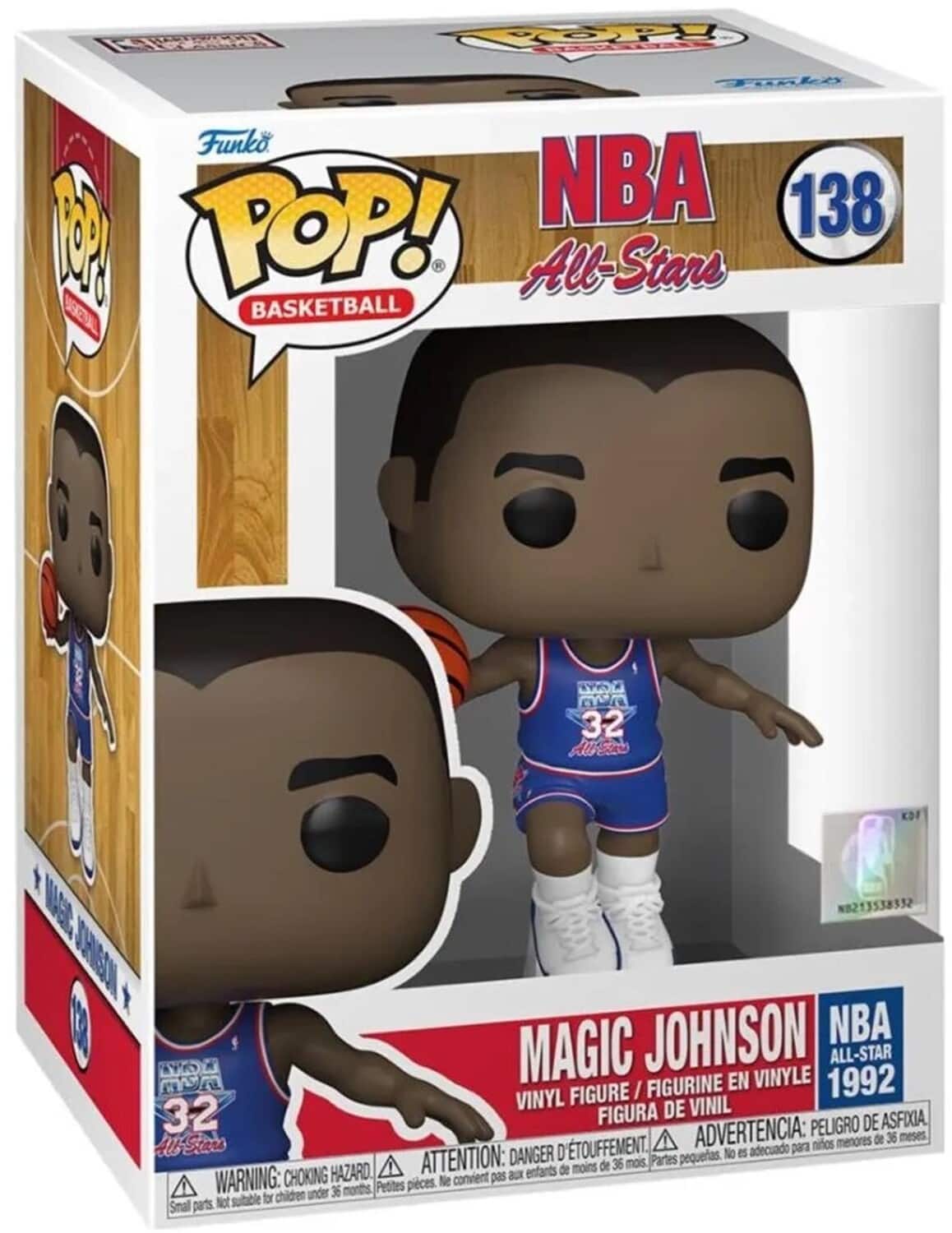 Sure, here is the corrected and grouped text from the image:

---

**Funko POP! Basketball**

**NBA All-Stars**

**138**

**MAGIC JOHNSON**

**NBA All-Star 1992**

**VINYL FIGURE / FIGURINE EN VINYLE / FIGURA DE VINIL**

**WARNING: CHOKING HAZARD - Small parts. Not suitable for children under 36 months.**

**ATTENTION: DANGER - ÉTOUFFEMENT. Petites pièces. Ne convient pas aux enfants de moins de 36 mois.**

**ADVERTENCIA: PEORO DE ASFIXIA. Partes pequeñas. No es adecuado para niños menores de 36 meses.**

---

This text includes the main details and warnings from the packaging.