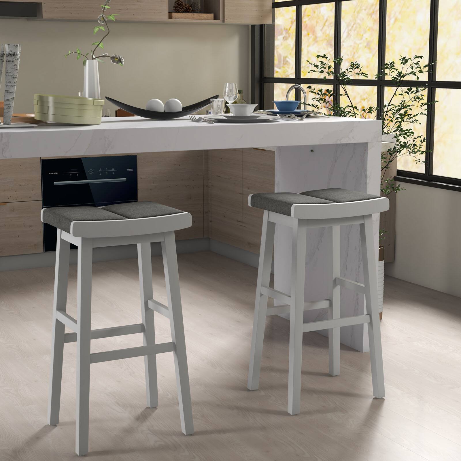 Alt View 8. Ecooso - 2 Pieces 31.5 Inch Upholstered Saddle Barstools with Padded Cushions - Gray.