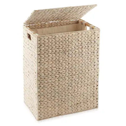 Front. Casafield - Large Laundry Hamper Basket w Lid and Liner - Water Hyacinth - Whitewash.