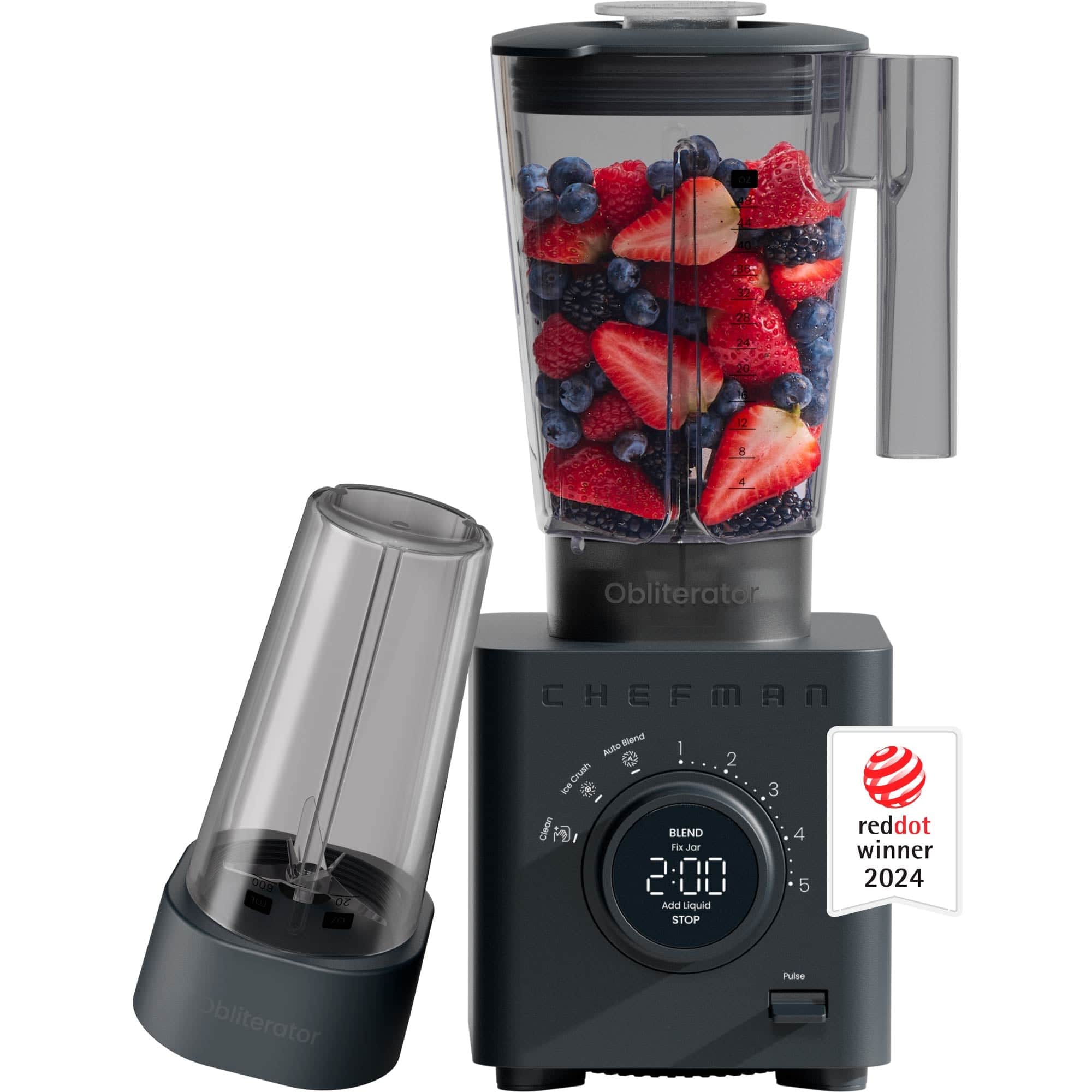 Chefman - Obliterator 48oz Countertop Blender w/ 20oz Travel Jar and Tamper/Scraper Tool - Midnight