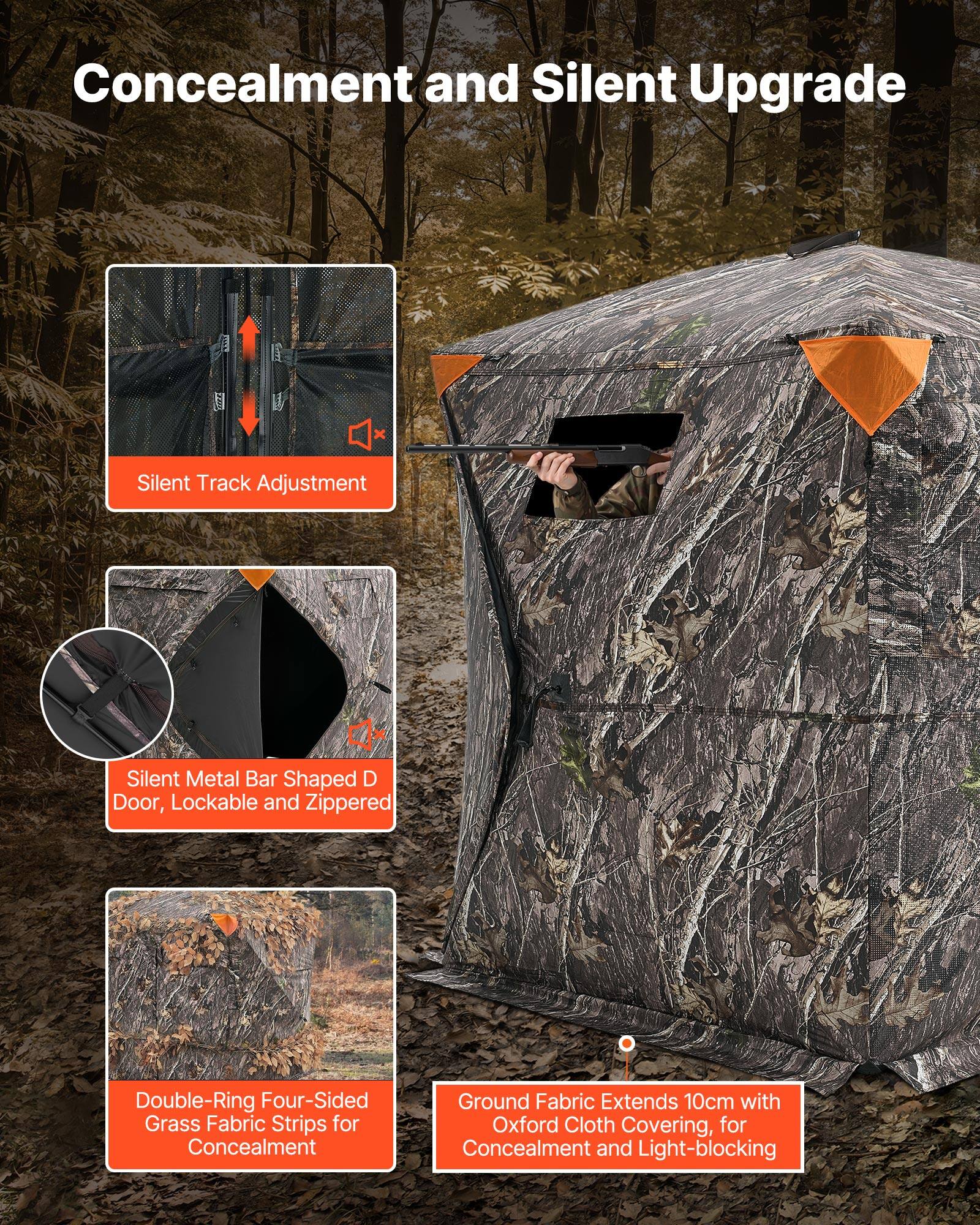 Concealment and Silent Upgrade

- Silent Track Adjustment
- Silent Metal Bar Shaped D Door, Lockable and Zippered
- Double-Ring Four-Sided Grass Fabric Strips for Concealment
- Ground Fabric Extends 10cm with Oxford Cloth Covering, for Concealment and Light-blocking