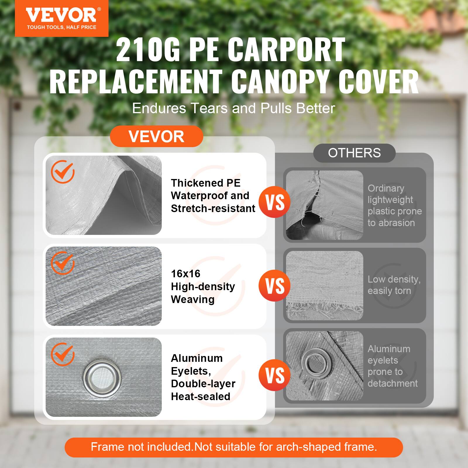VEVOR TOUGH TOOLS, HALF PRICE 210G PE CARPORT REPLACEMENT CANOPY COVER Endures Tears and Pulls Better

VEVOR
Thickened PE
Waterproof and Stretch-resistant
VS
Ordinary lightweight plastic prone to abrasion

16x16
High-density Weaving
VS
Low density, easily torn

Aluminum Eyelets, Double-layer Heat-sealed
VS
Aluminum eyelets prone to detachment

Frame not included. Not suitable for arch-shaped frame.