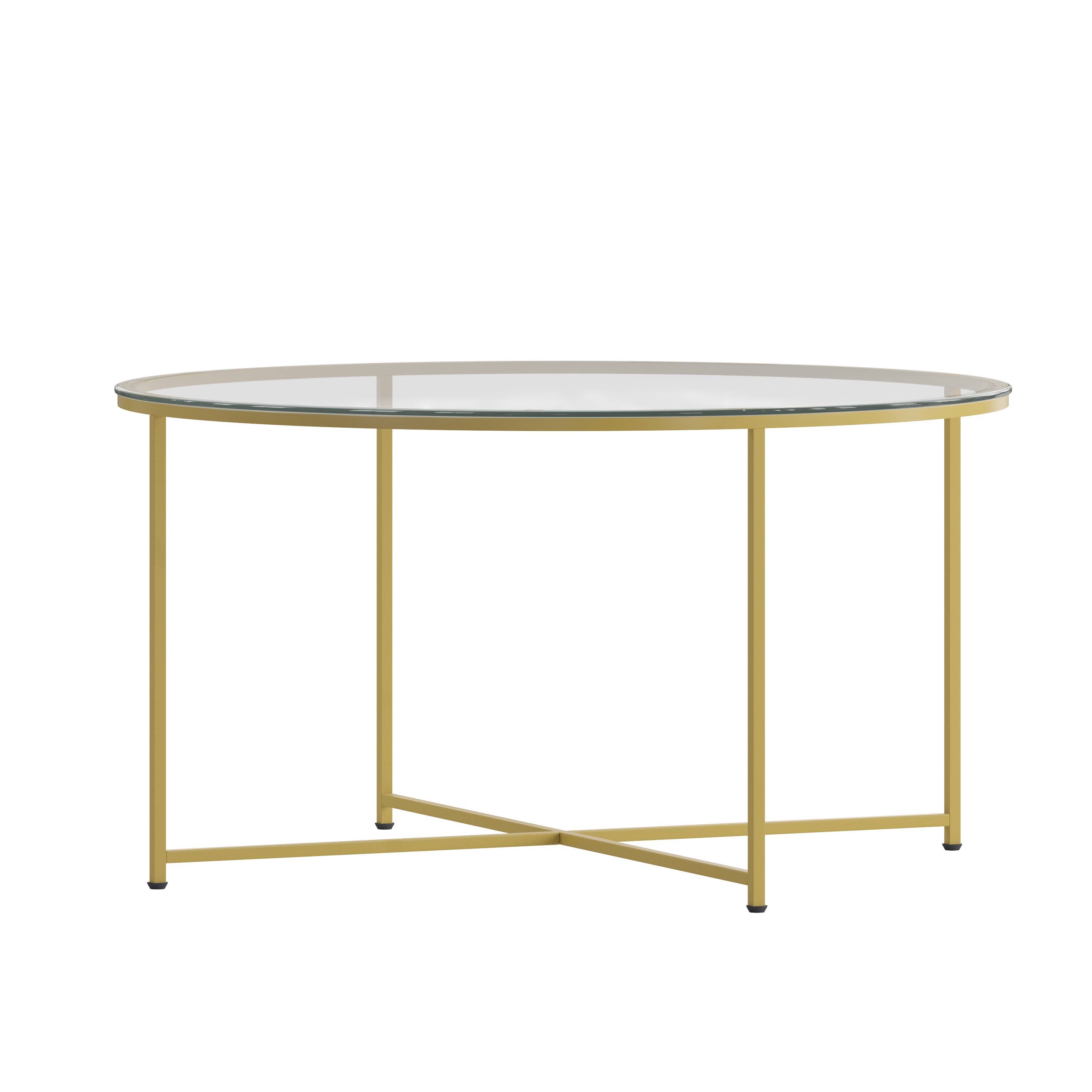 Alt View 5. Emma + Oliver - Glass Living Room Coffee Table with Crisscross Metal Frame - Clear Top/Brushed Gold Frame.