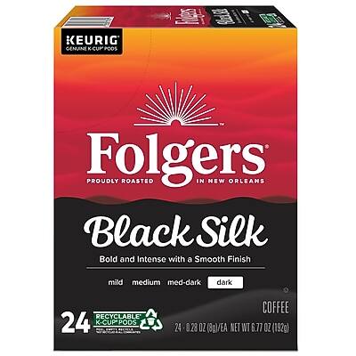 KEURIG GENUINE K-CUP PODS

Folgers
Proudly Roasted in New Orleans

Black Silk
Bold and Intense with a Smooth Finish

Mild Medium Med-Dark Dark

24 Recyclable K-Cup Pods
Coffee

24 - 0.28 OZ (8g)/EA
Net WT 6.77 OZ (192g)
