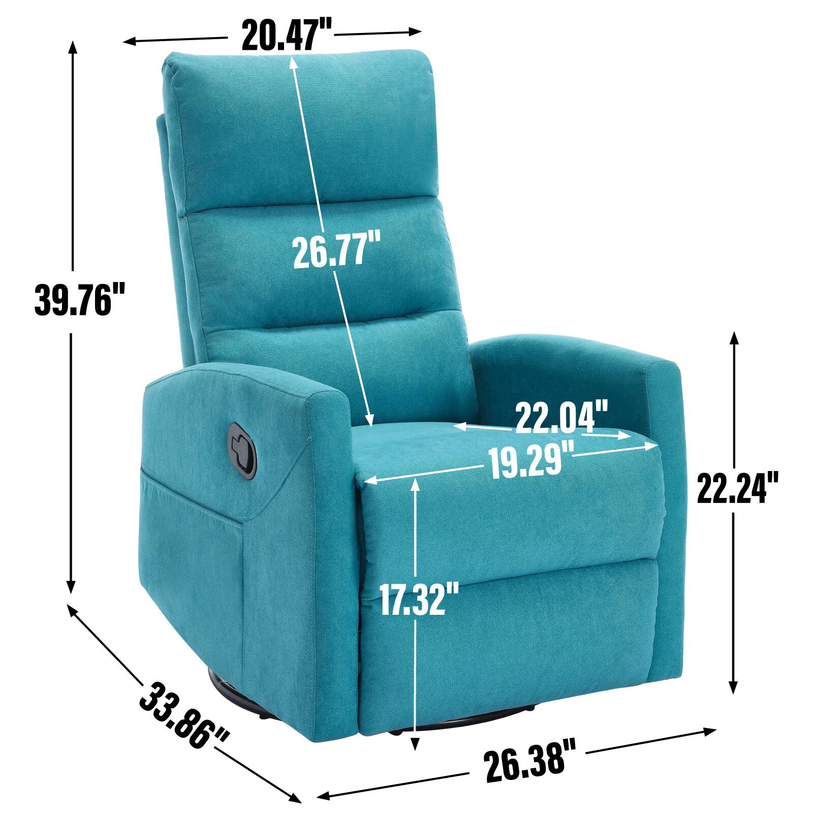 - Height: 39.76"
- Width: 33.86"
- Depth: 26.38"
- Seat Height: 17.32"
- Seat Depth: 22.04"
- Seat Width: 19.29"
- Armrest Height: 20.47"
- Armrest Width: 22.24"
- Back Height: 26.77"