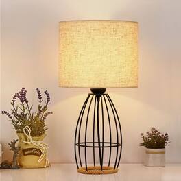 Oumilen - Birdcage Table Lamp with Linen Shade, Black Metal Frame with Rope Base, E26 Socket & 170cm Cord