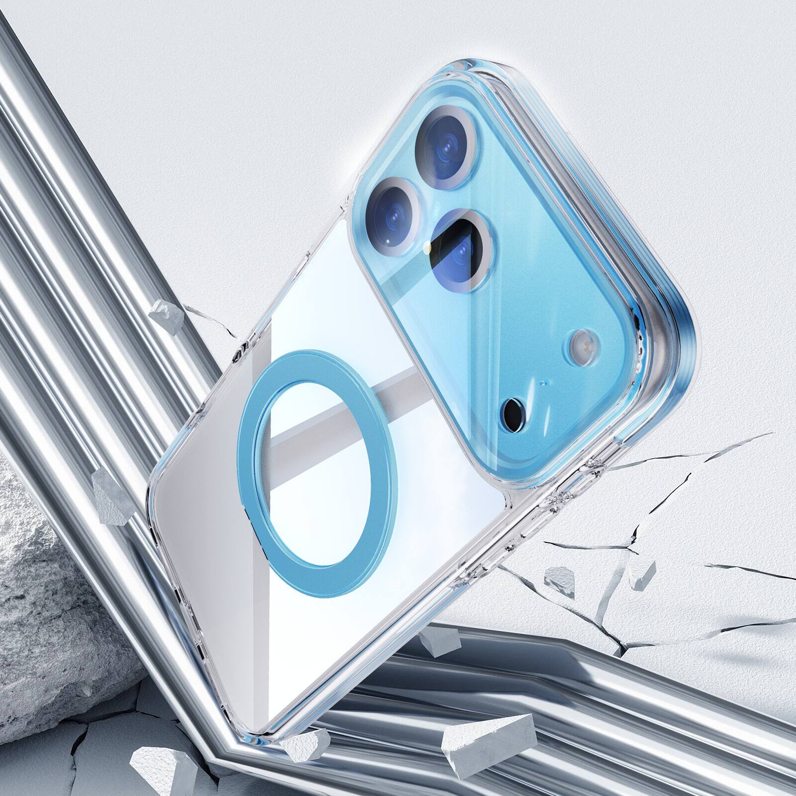 Back. Dteck - Magnetic Clear Phone Case for Apple iPhone 17 Pro with Metal Rotating Kickstand,Shockproof PC+TPU Slim Transparent Cover - Blue.
