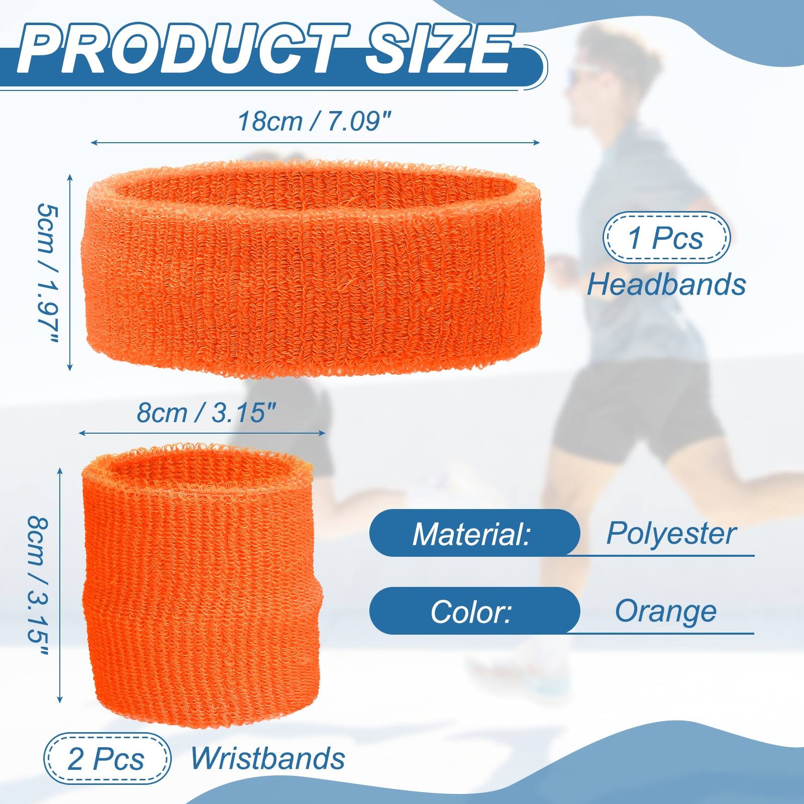 PRODUCT SIZE

18cm / 7.09"  
5cm / 1.97"  
8cm / 3.15"  

1 Pcs Headbands  
8cm / 3.15"  

2 Pcs Wristbands  

Material: Polyester  
Color: Orange