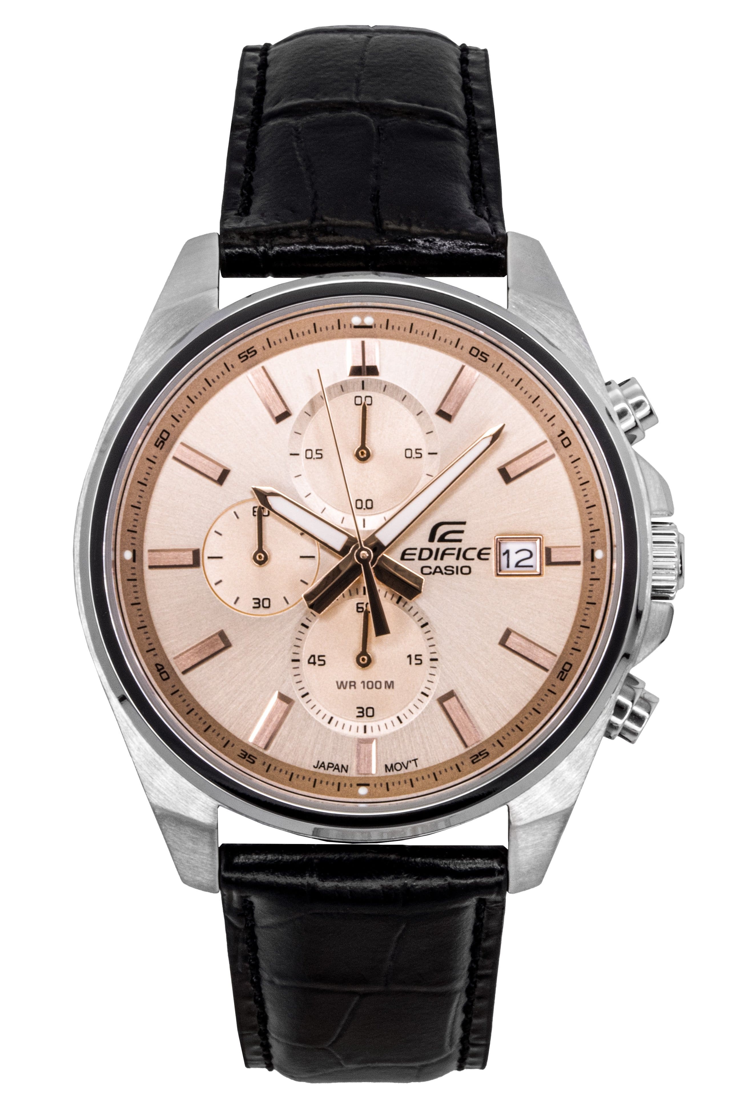 Casio - Edifice Analog Standard Chronograph Leather Strap Salmon Dial Quartz EFV-610EL-5A 100M Men's Watch - Silver and black