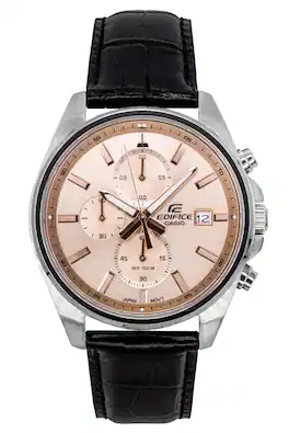 Casio - Edifice Analog Standard Chronograph Leather Strap Salmon Dial Quartz EFV-610EL-5A 100M Men's Watch - Silver and black